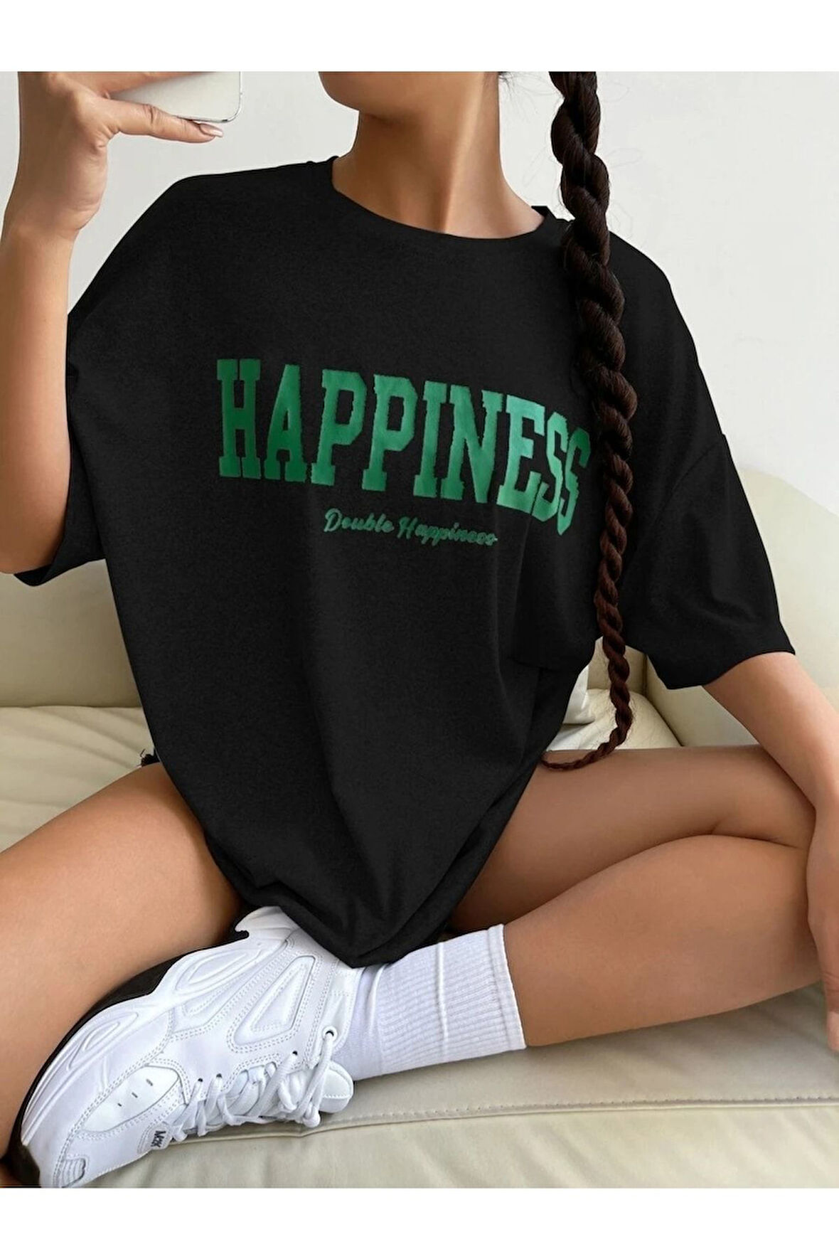 Happiness Baskılı Unisex Siyah Oversize T-shirt | M