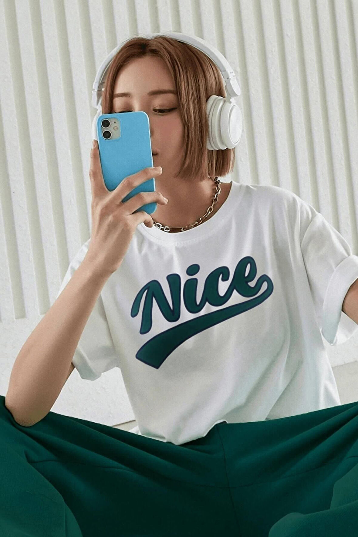 Nice Baskılı Unisex Beyaz Oversize T-shirt | XL