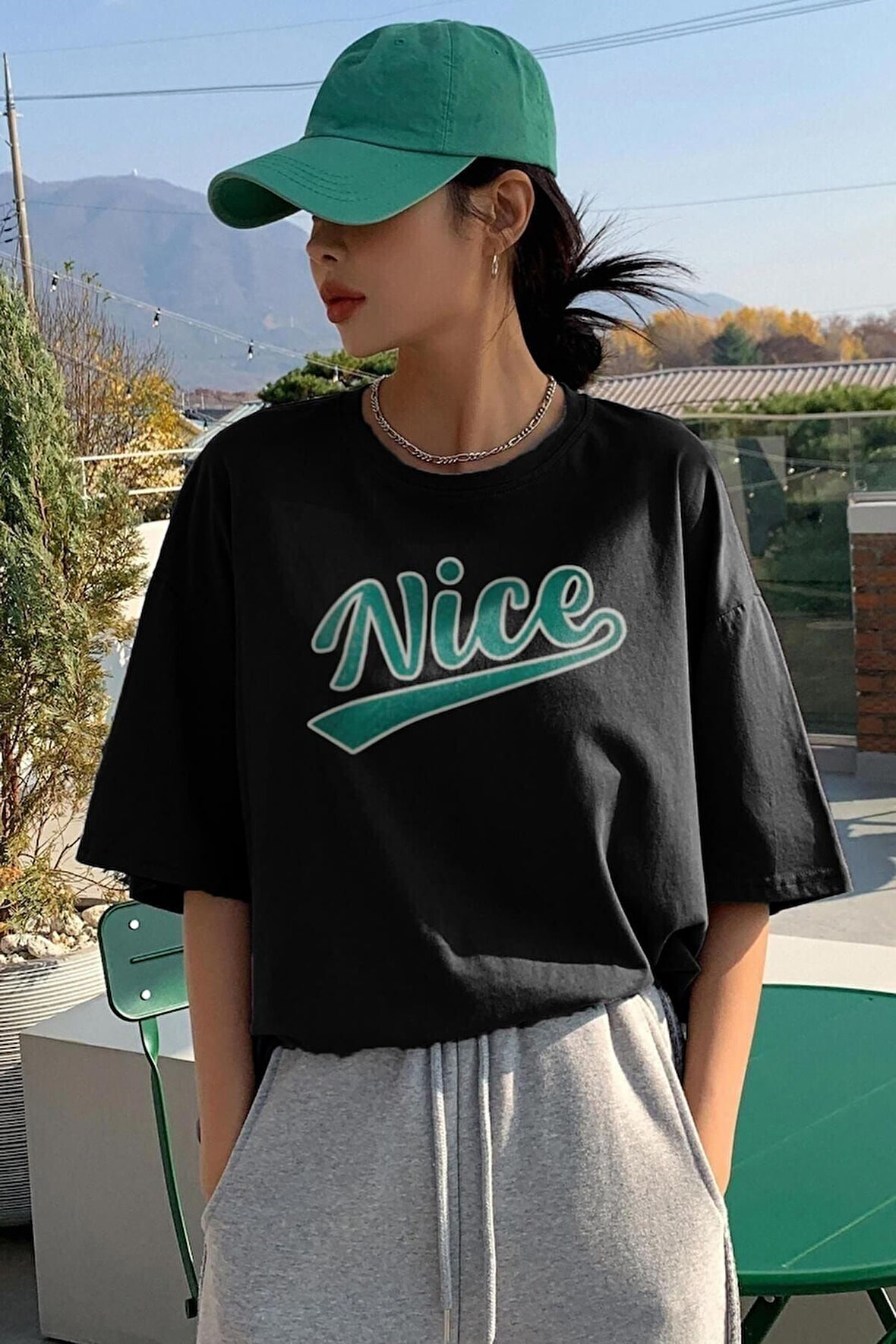 Nice Baskılı Unisex Siyah Oversize T-shirt | L
