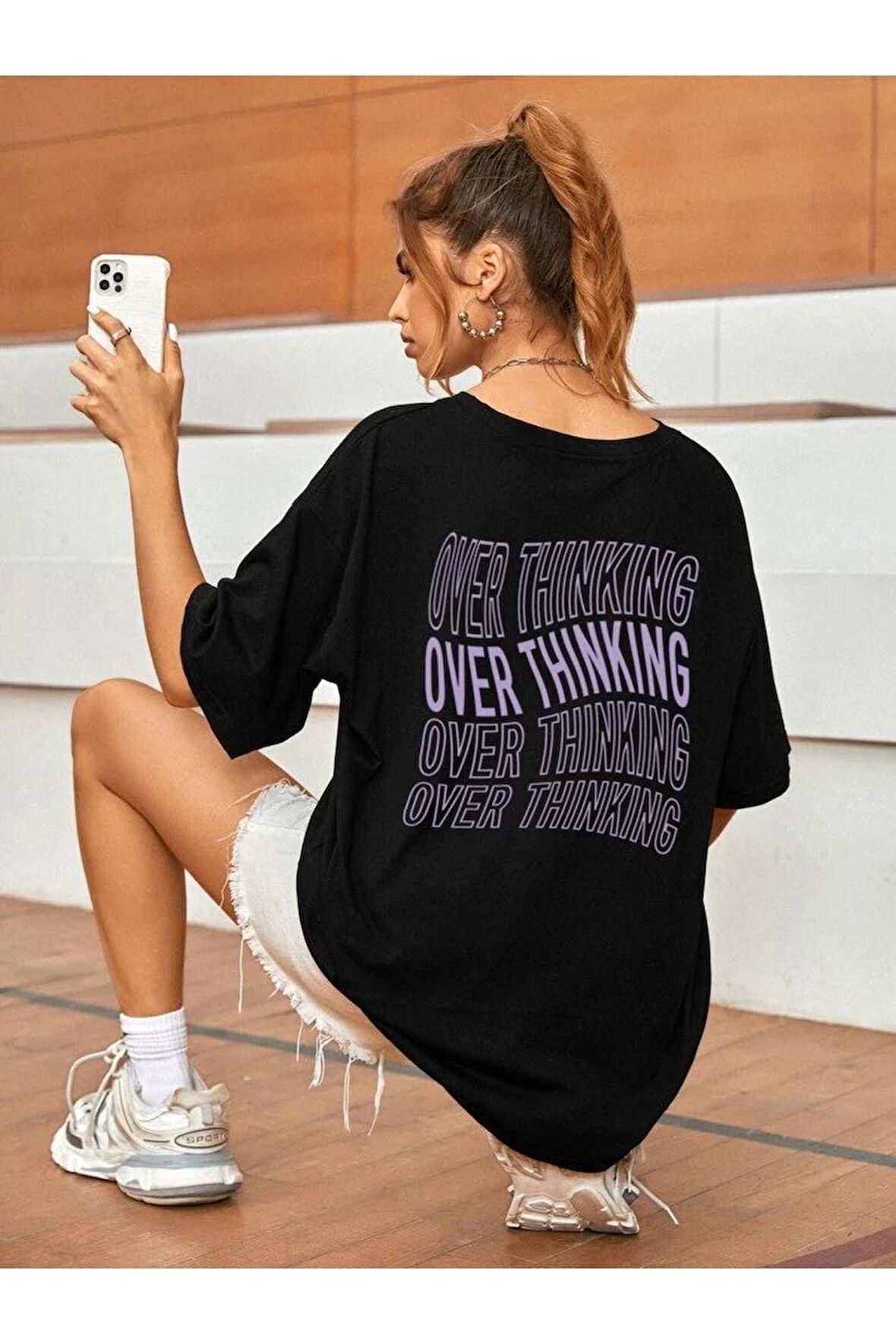 Overthinking Baskılı Unisex Siyah Oversize T-shirt | M