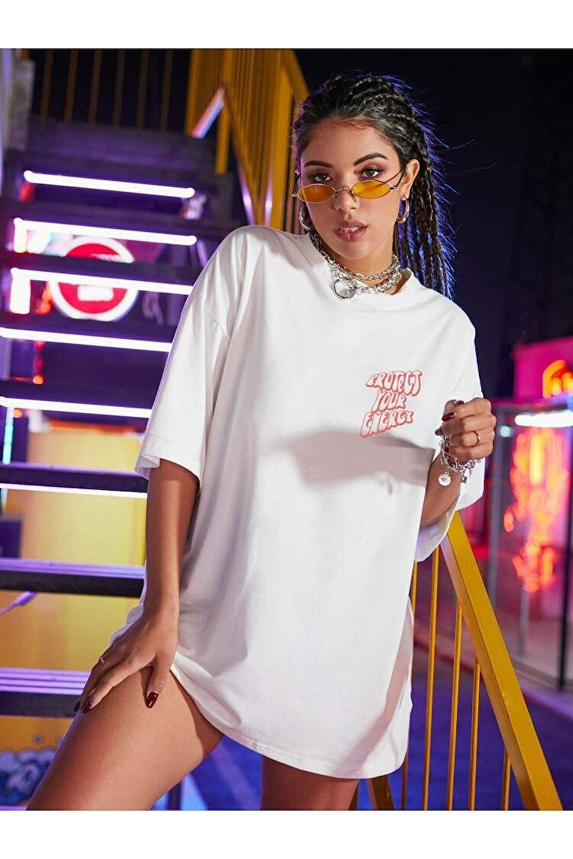 Project Baskılı Unisex Beyaz Oversize T-shirt | M