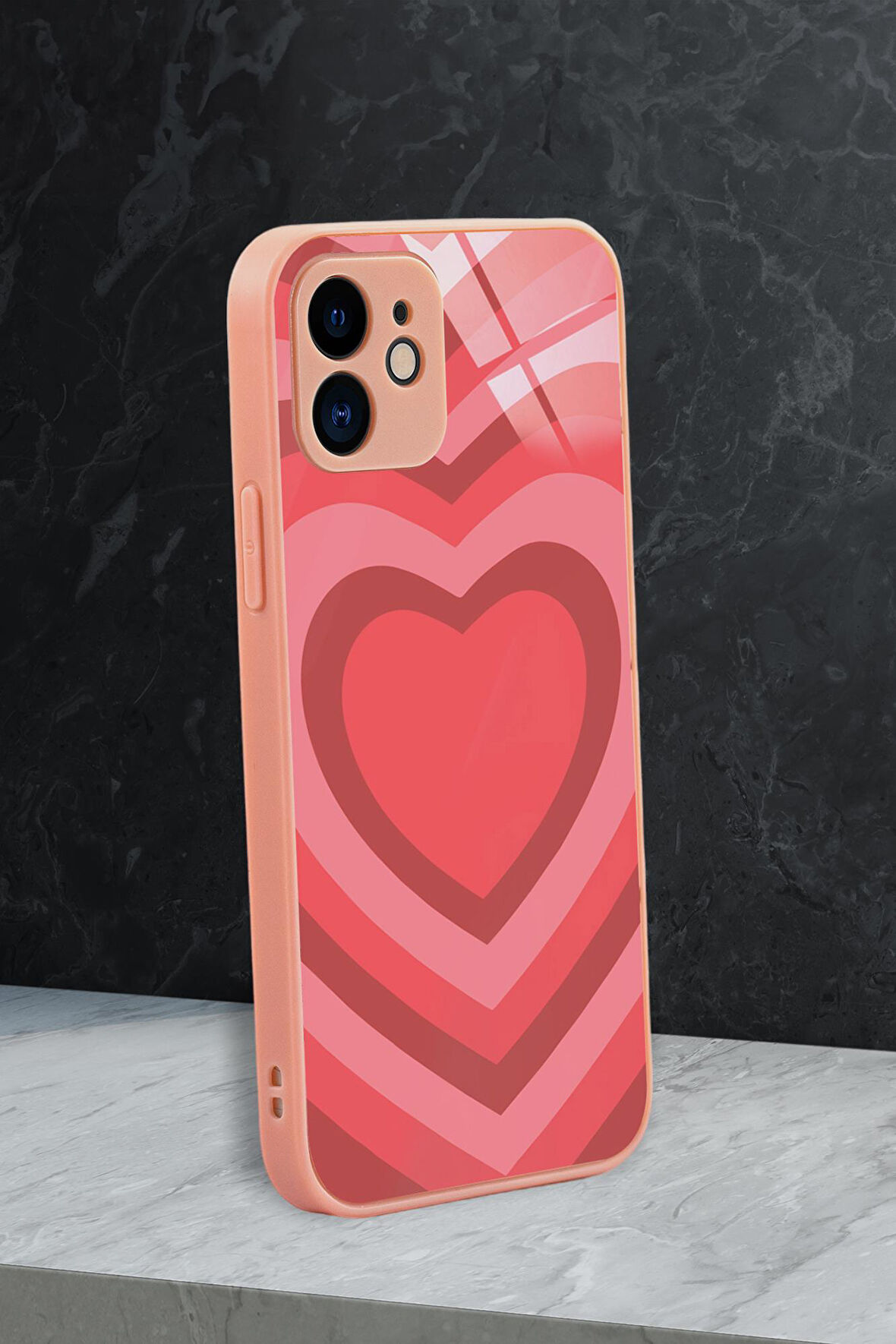 iPhone 11 Uyumlu Beyaz Kalpler Desenli Glossy Glass Kamera Korumalı Silikonlu Telefon Kılıfı