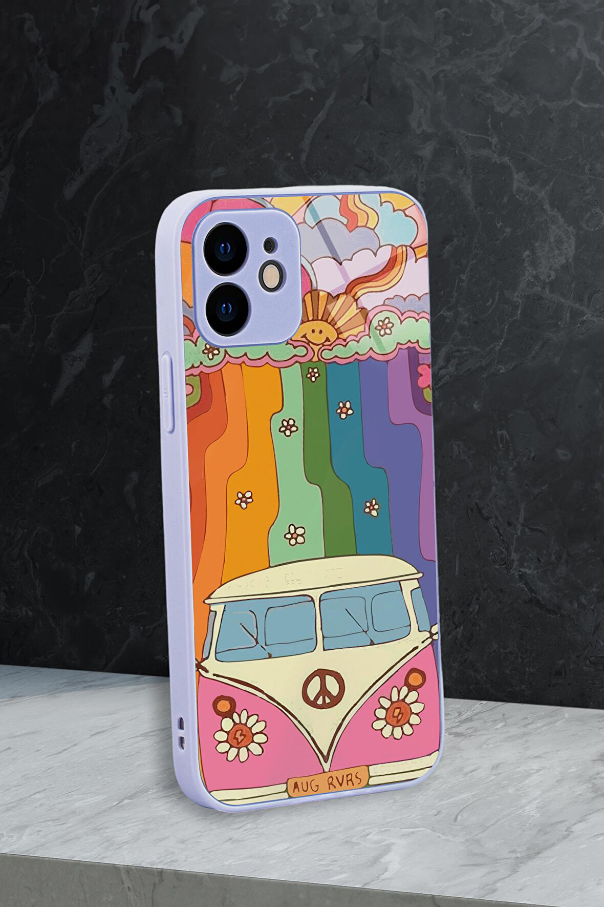 iPhone 11 Uyumlu Sevimi Karavan Desenli Glossy Glass Kamera Korumalı Silikonlu Telefon Kılıfı