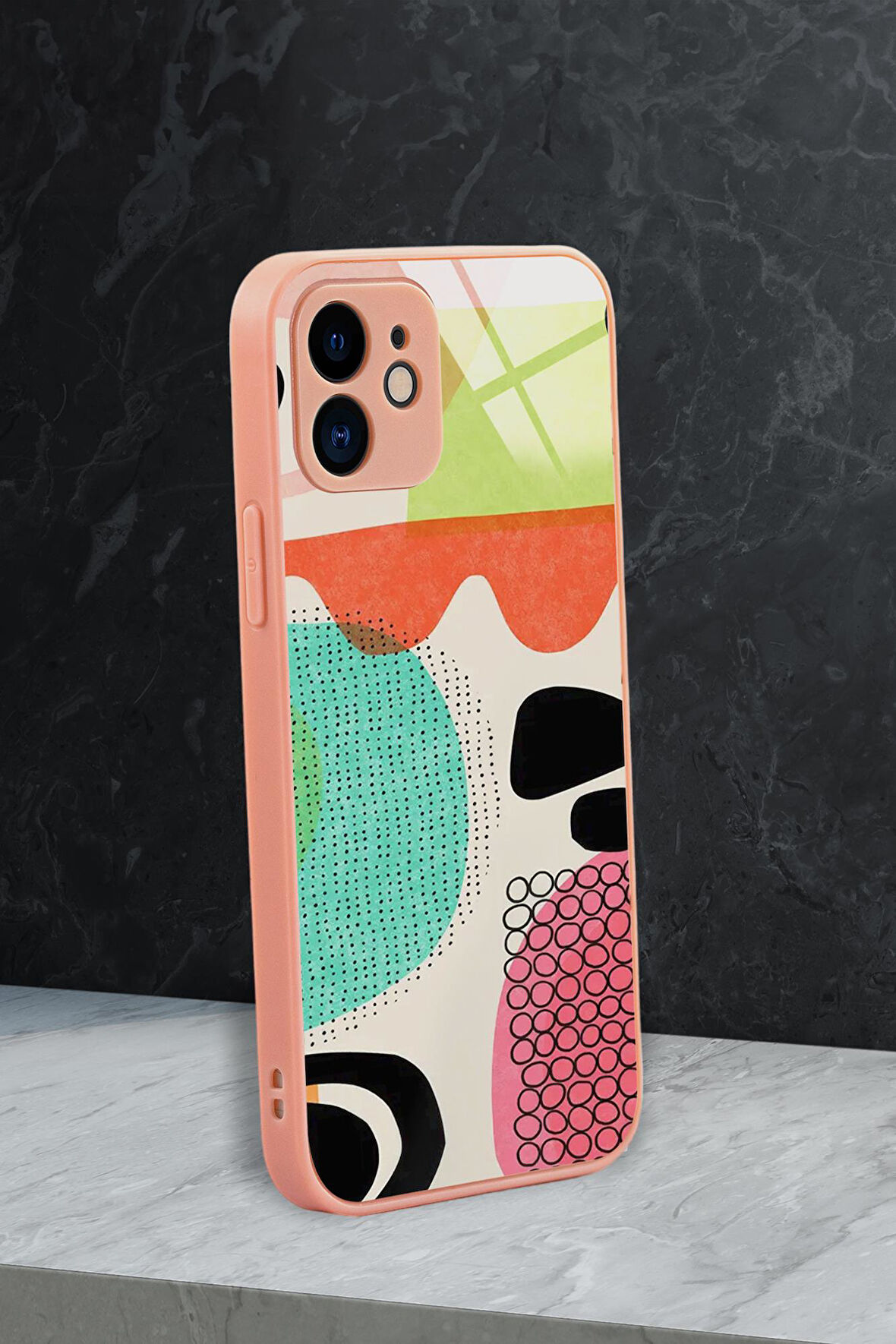 iPhone 11 Uyumlu Soyut Tasarım Desenli Glossy Glass Kamera Korumalı Silikonlu Telefon Kılıfı