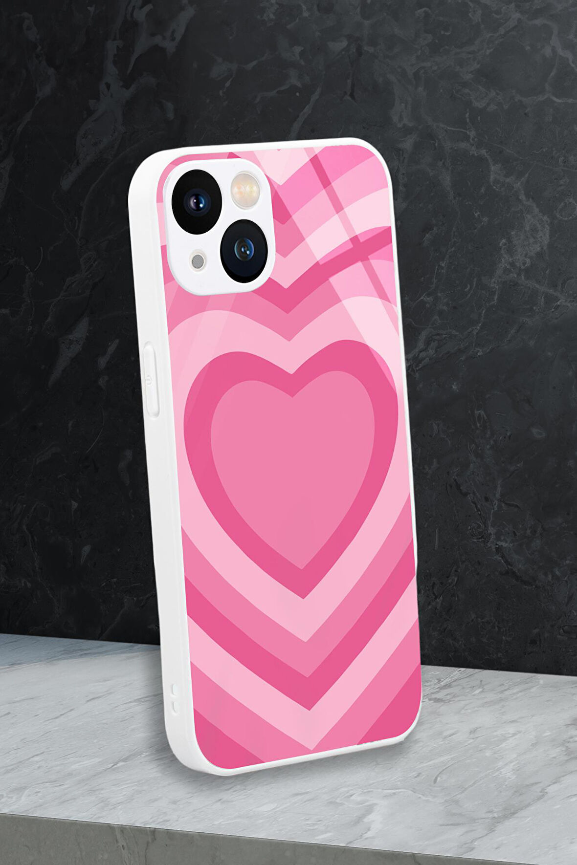 iPhone 13 Uyumlu Beyaz Kalpler Desenli Glossy Glass Kamera Korumalı Silikonlu Telefon Kılıfı