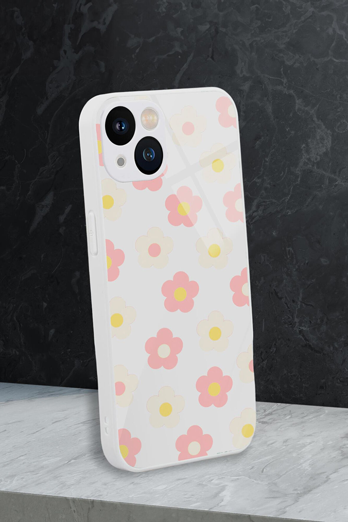 iPhone 13 Uyumlu Minik Çiçekler Desenli Glossy Glass Kamera Korumalı Silikonlu Telefon Kılıfı