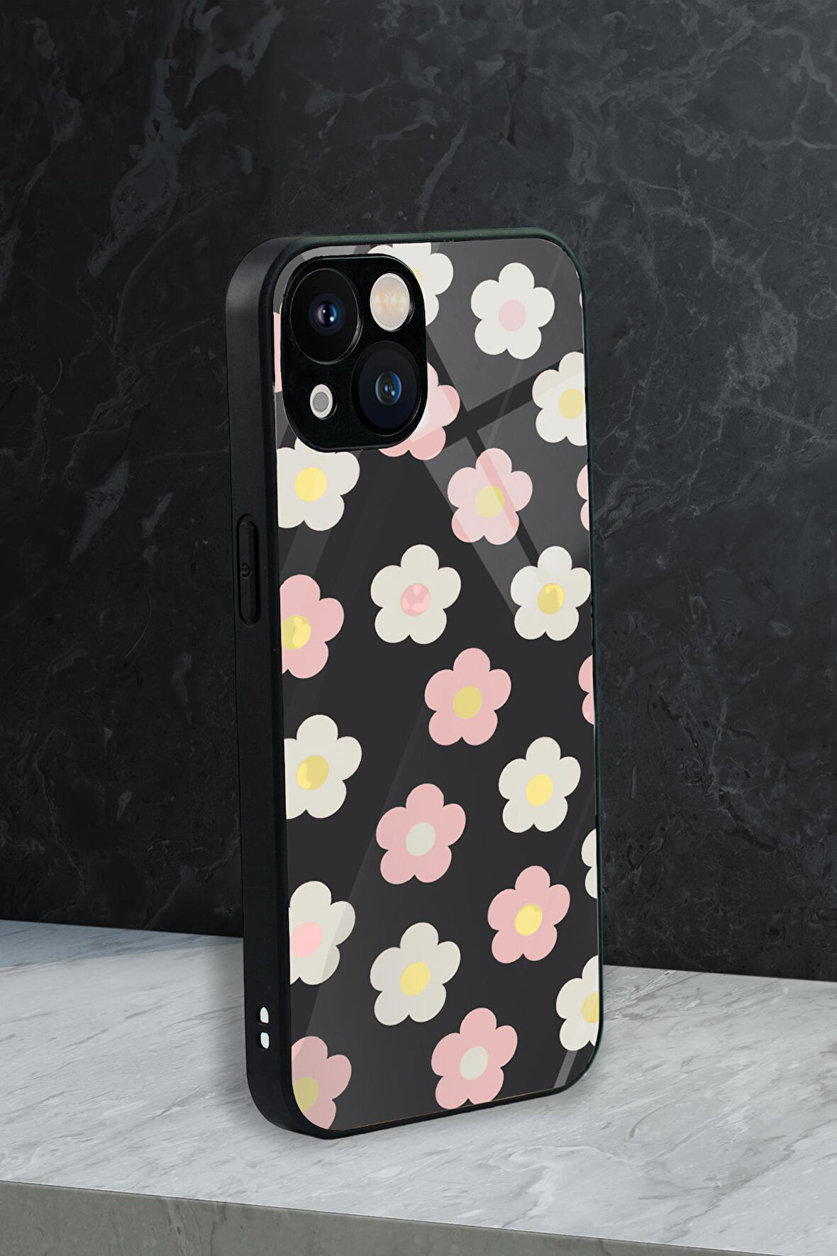 iPhone 13 Uyumlu Minik Çiçekler Desenli Glossy Glass Kamera Korumalı Silikonlu Telefon Kılıfı