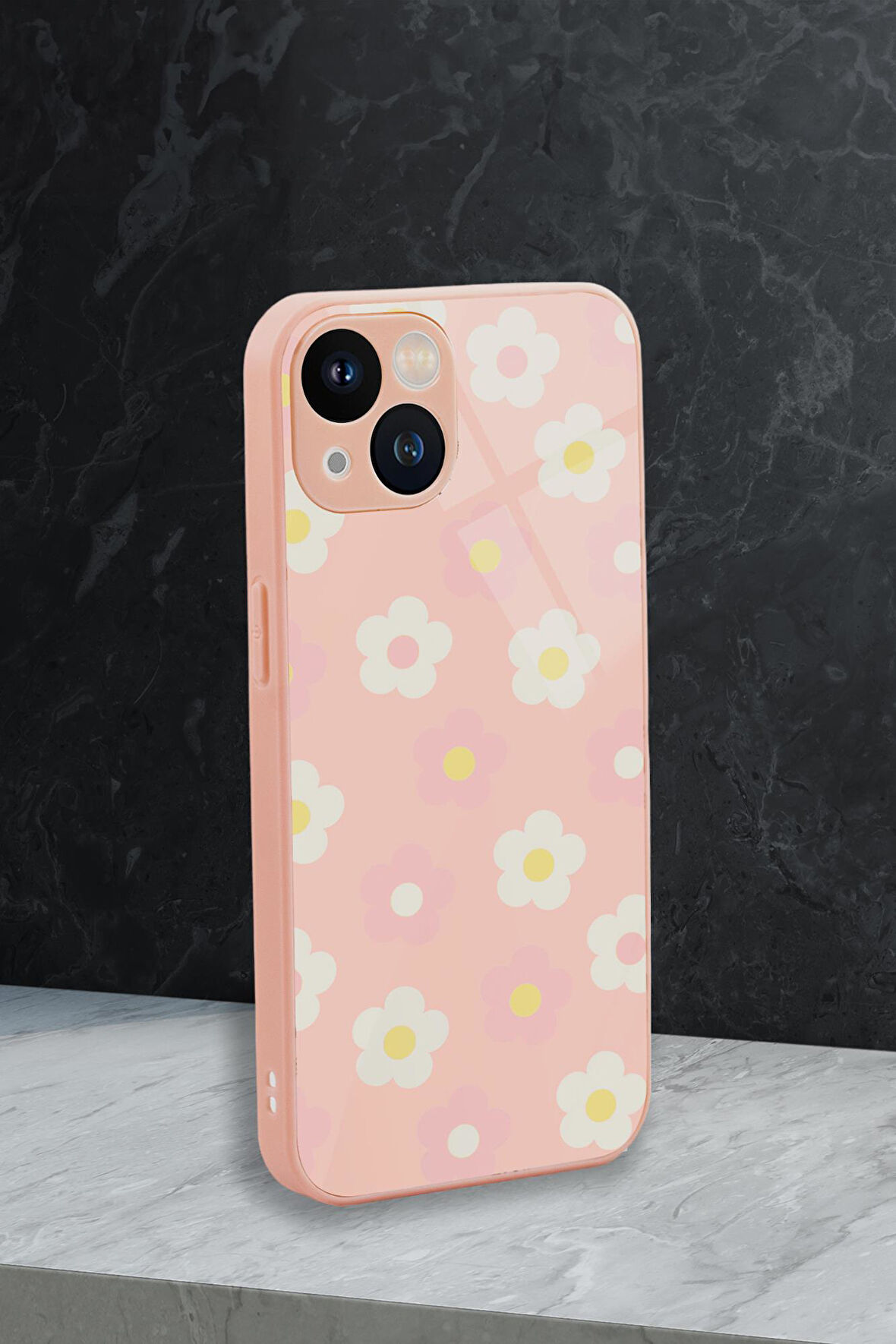 iPhone 13 Uyumlu Minik Çiçekler Desenli Glossy Glass Kamera Korumalı Silikonlu Telefon Kılıfı