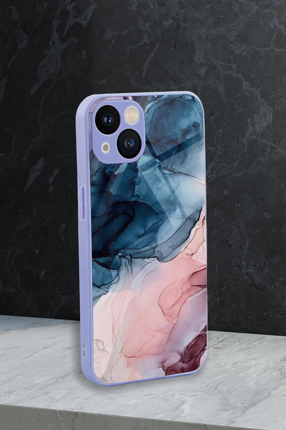 iPhone 13 Uyumlu Renkli Mermer Desenli Glossy Glass Kamera Korumalı Silikonlu Telefon Kılıfı