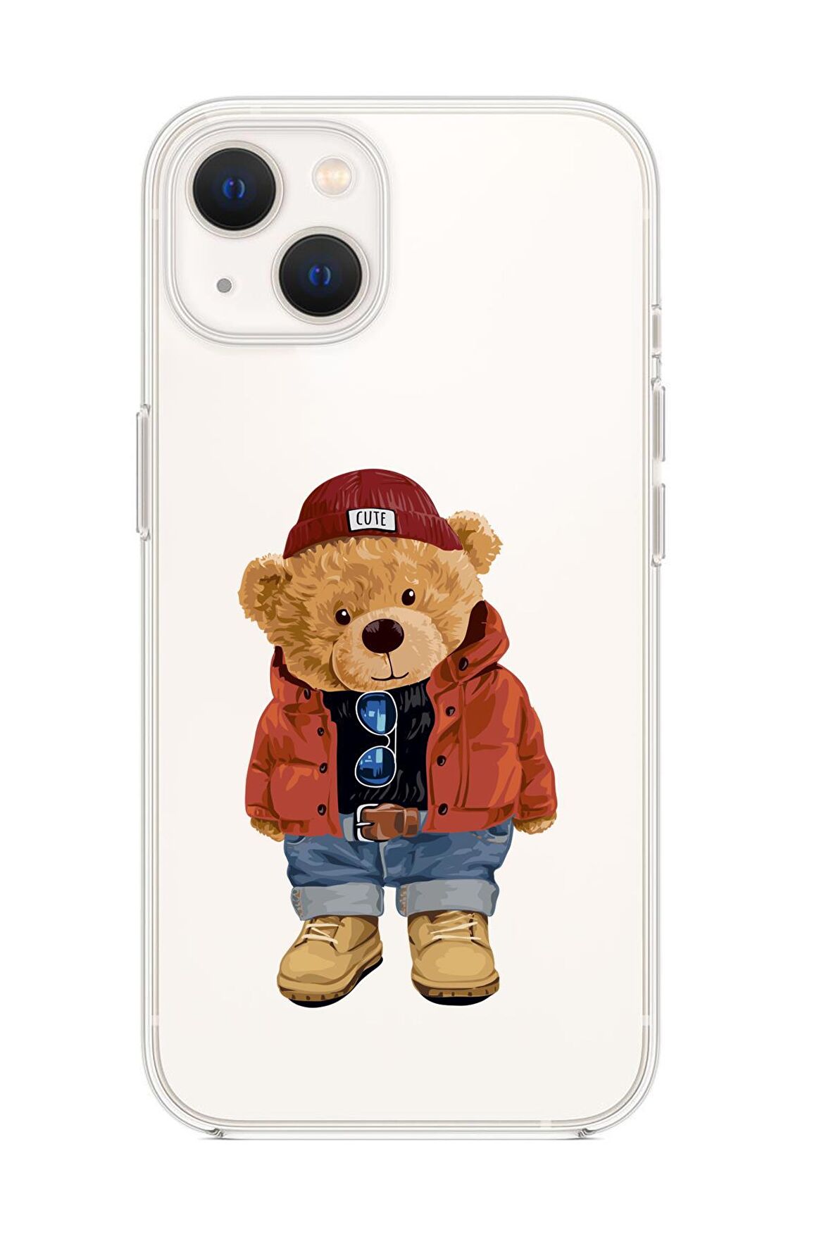 iPhone 13 Uyumlu Teddy Bear Desenli Kamera Lens Korumalı Premium Silikonlu Şeffaf Kılıf