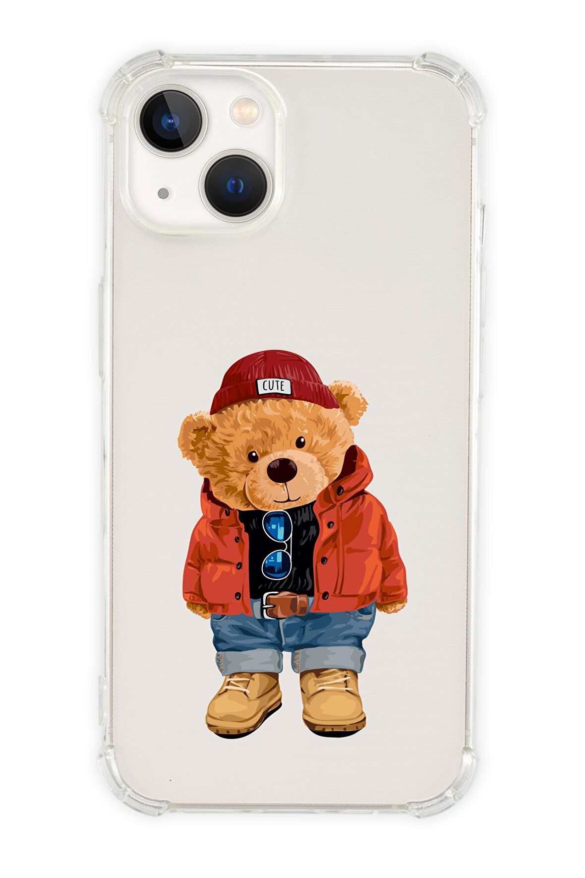 iPhone 13 Uyumlu Teddy Bear Desenli Anti Shock Olex Köşe Darbe Korumalı Silikonlu Şeffaf Kılıf