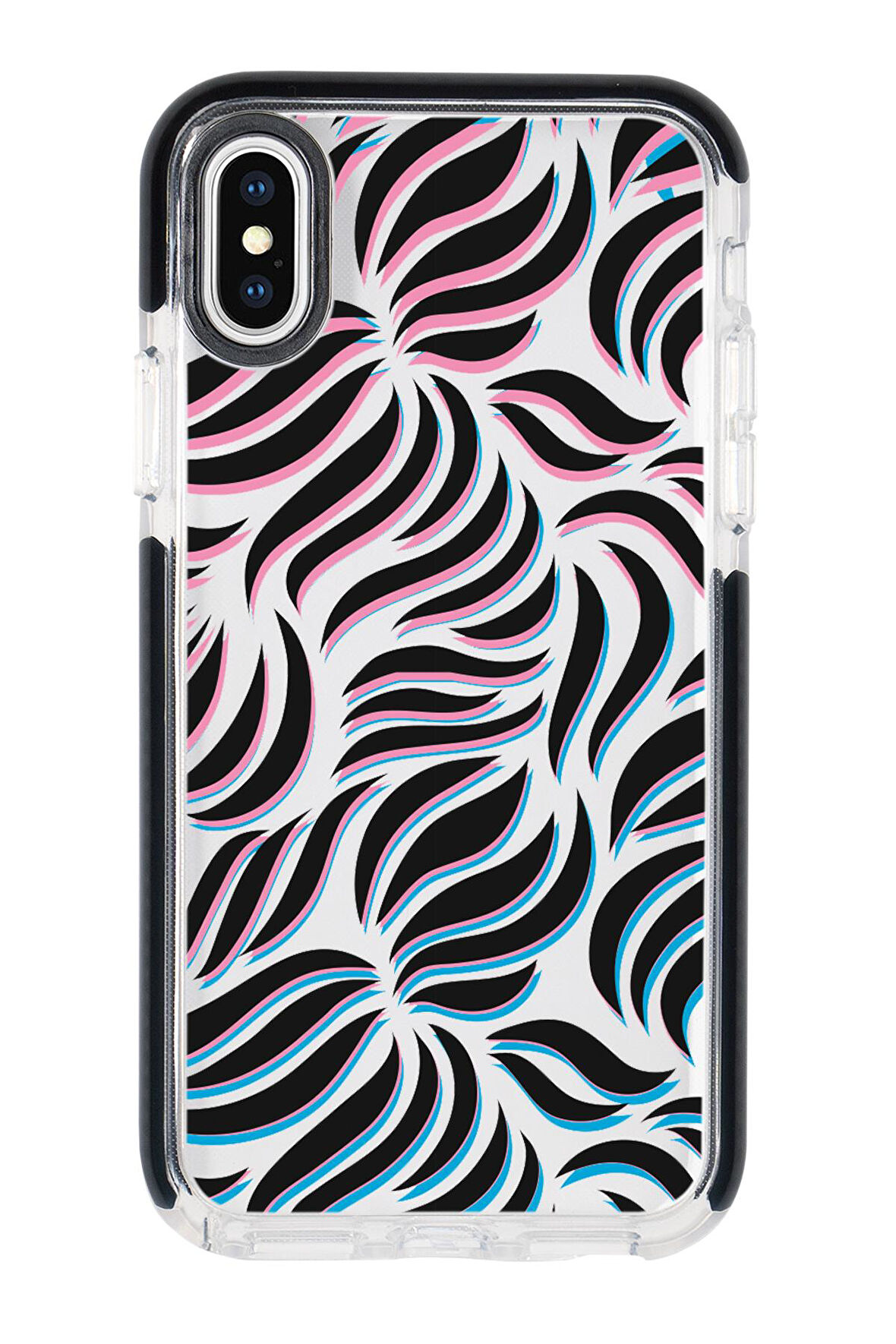 iphone X Uyumlu Color Wave Desenli Candy Bumper Silikonlu Siyah Telefon Kılıfı