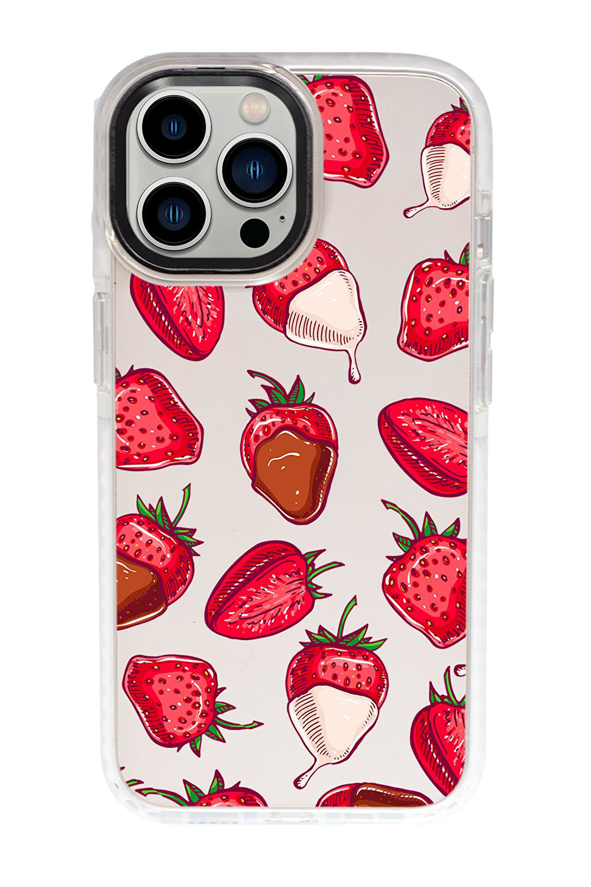 iPhone 15 Pro Max Uyumlu Çikolatalı Çilekler Desenli Candy Bumper Darbe Emci Silikonlu Telefon Kılıfı 