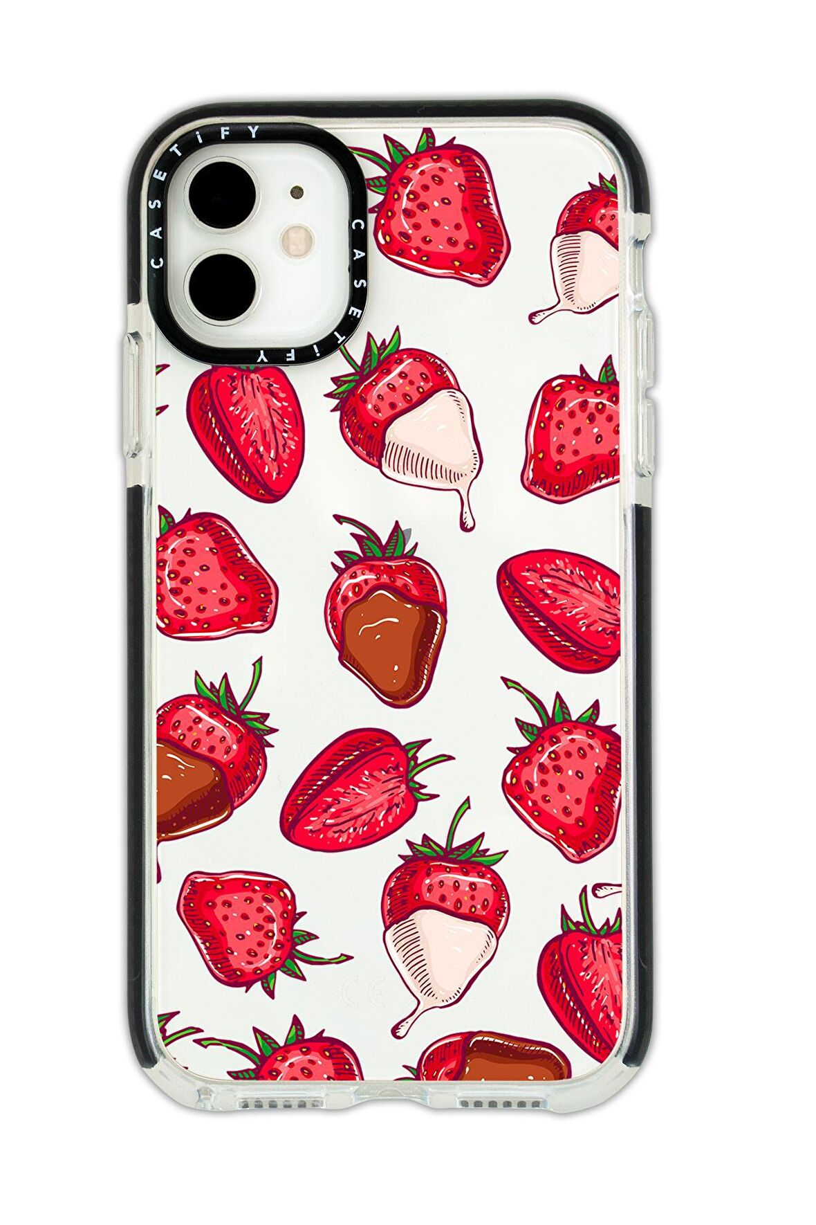 iPhone 11 Casetify Çikolatalı Çilekler Desenli Anti Shock Premium Silikonlu Siyah Kenar Detaylı Telefon Kılıfı