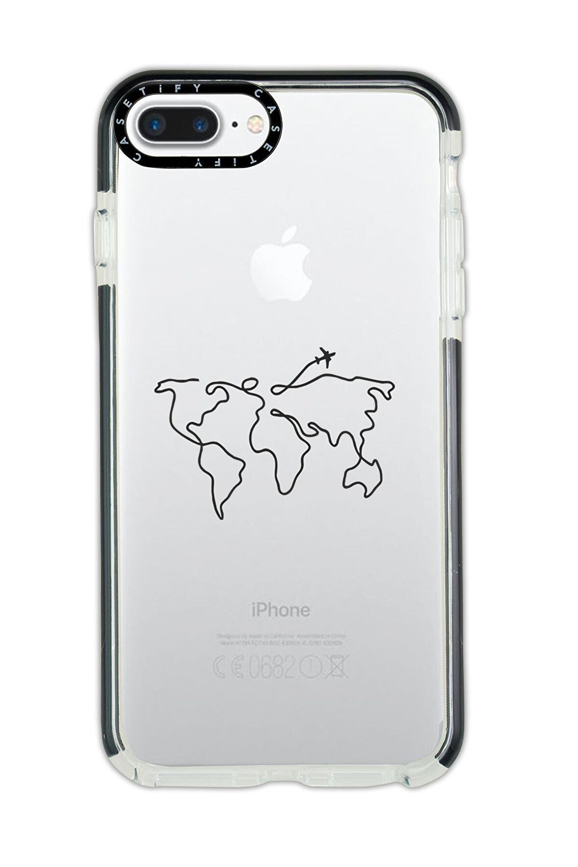 iPhone 7 Plus Casetify Dünya Harita Rota Desenli Anti Shock Premium Silikonlu Siyah Kenar Detaylı Telefon Kılıfı