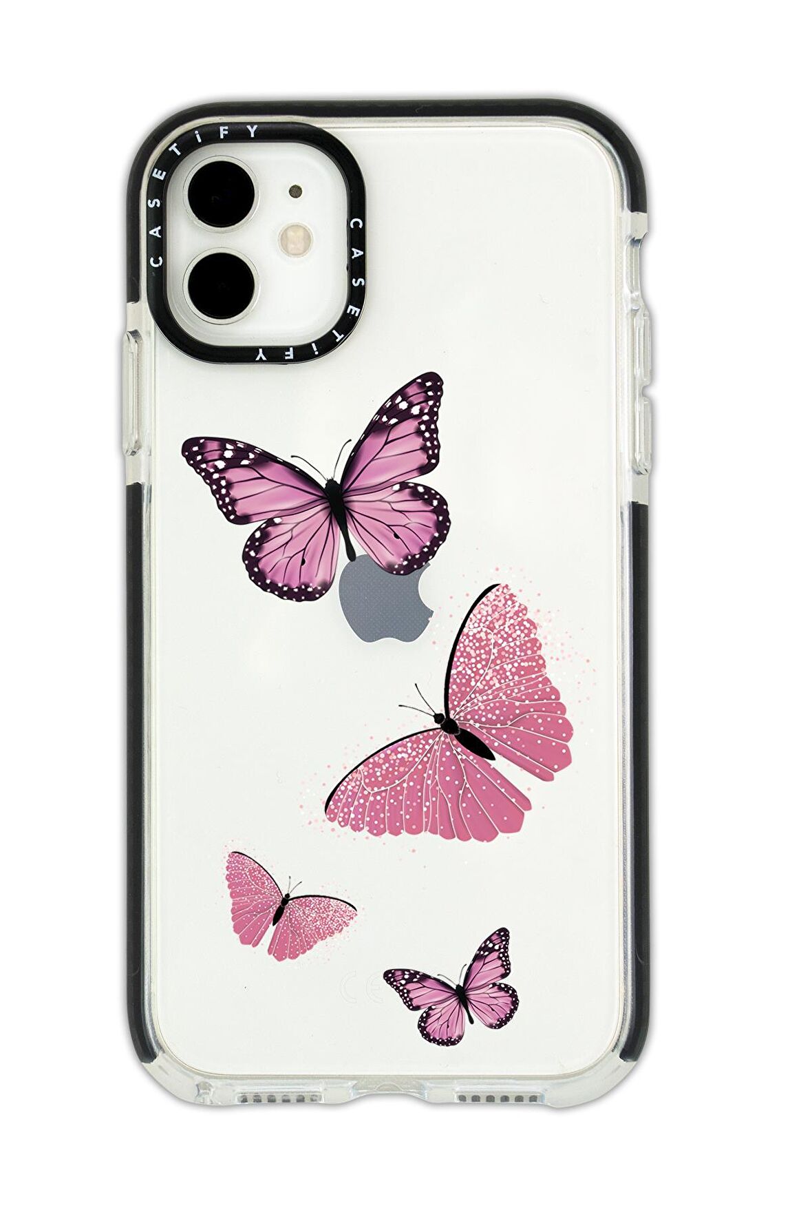 iPhone 11 Casetify Pembe Kelebekler Desenli Anti Shock Premium Silikonlu Siyah Kenar Detaylı Telefon Kılıfı