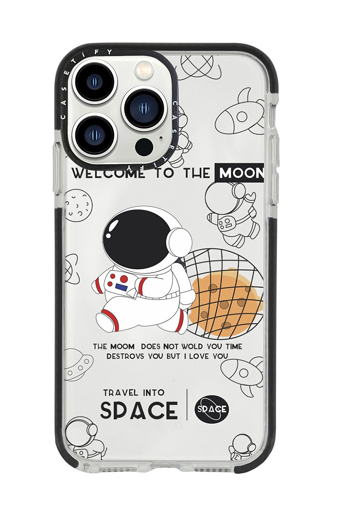 iPhone 13 Pro Max Casetify Sevimli Astronot Desenli Anti Shock Premium Silikonlu Siyah Kenar Detaylı Telefon Kılıfı