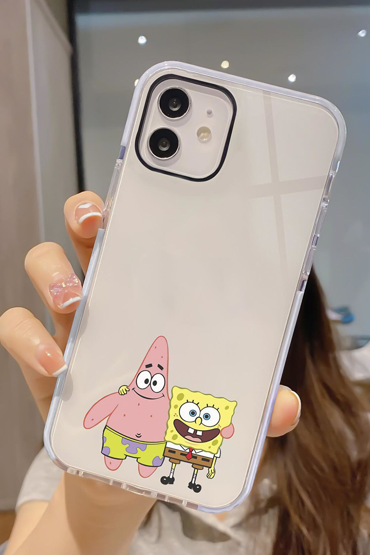 iPhone 12 Pro Uyumlu Sünger Bob ve Patrick Star Desenli Candy Bumper Darbe Emici Silikonlu Telefon Kılıfı