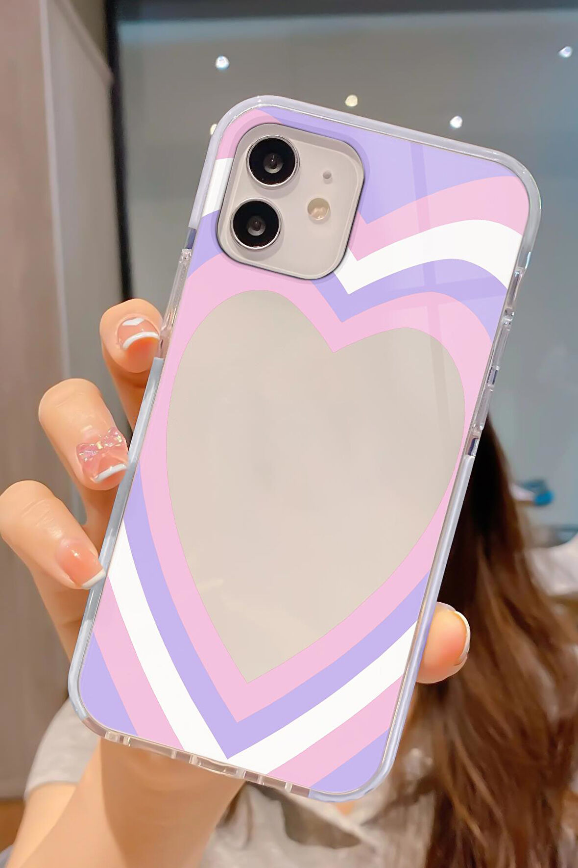 iPhone 12 Pro Uyumlu Purple Heart Desenli Candy Bumper Darbe Emici Silikonlu Telefon Kılıfı