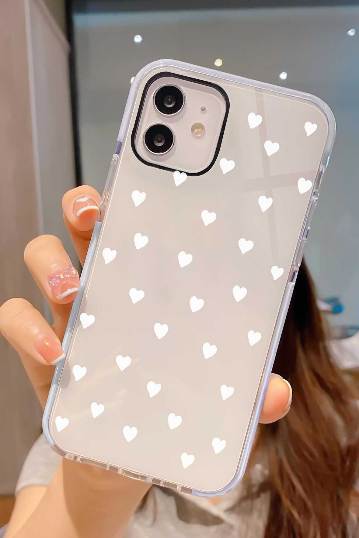 iPhone 12 Pro Uyumlu Beyaz Kalpler Desenli Candy Bumper Darbe Emici Silikonlu Telefon Kılıfı