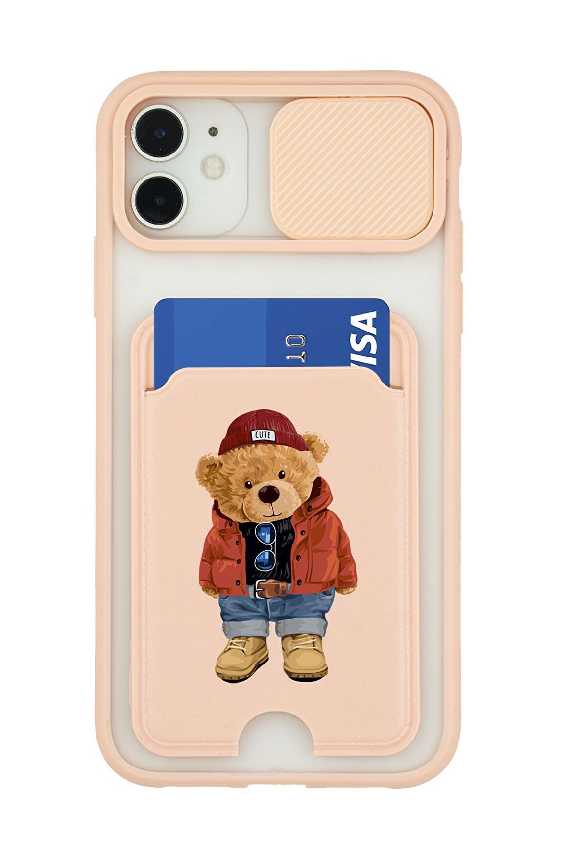 iPhone 11 Uyumlu Teddy Bear Desenli Kamera Korumalı ve Kartlıklı Telefon Kılıfı