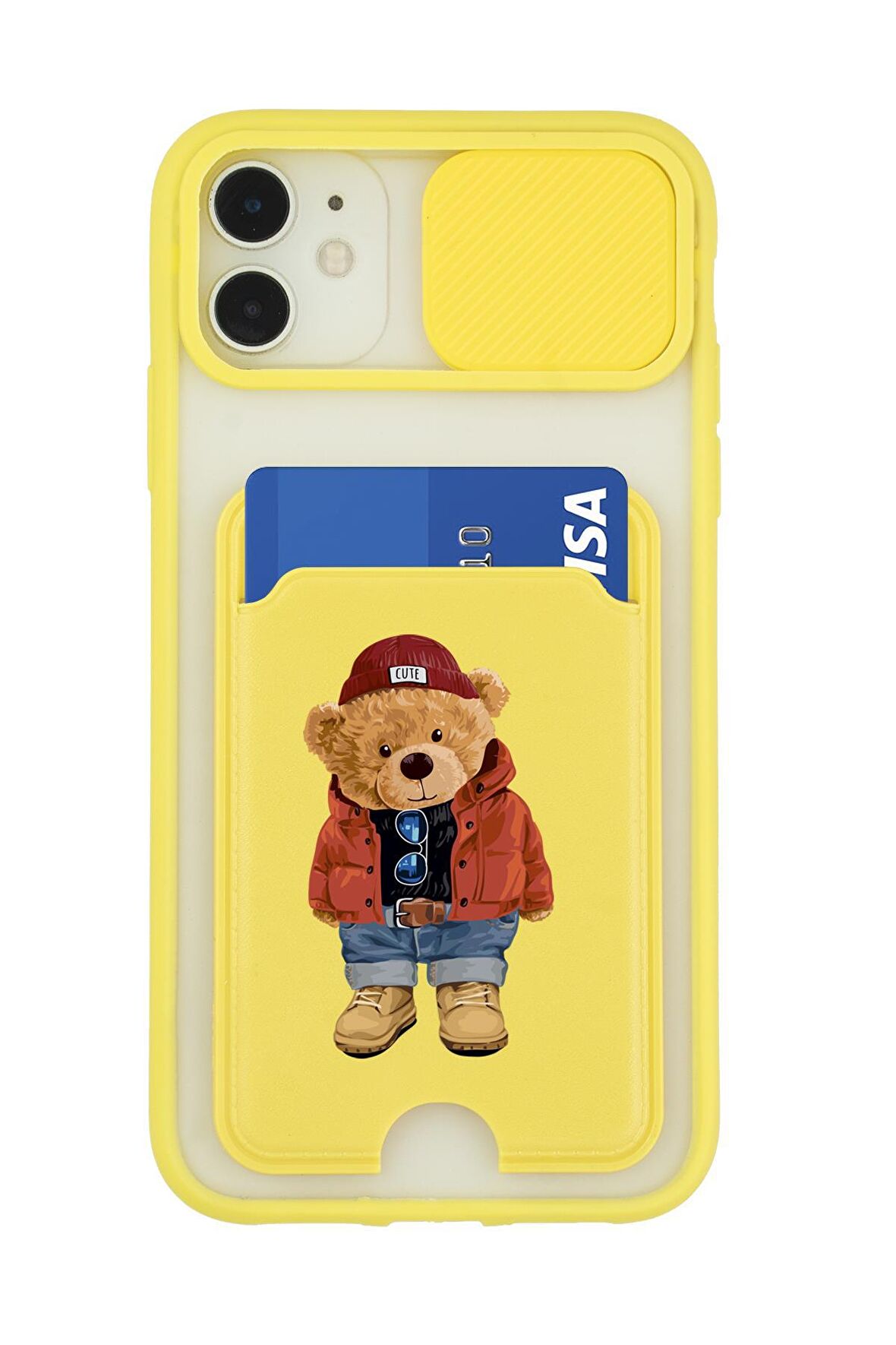 iPhone 11 Uyumlu Teddy Bear Desenli Kamera Korumalı ve Kartlıklı Telefon Kılıfı
