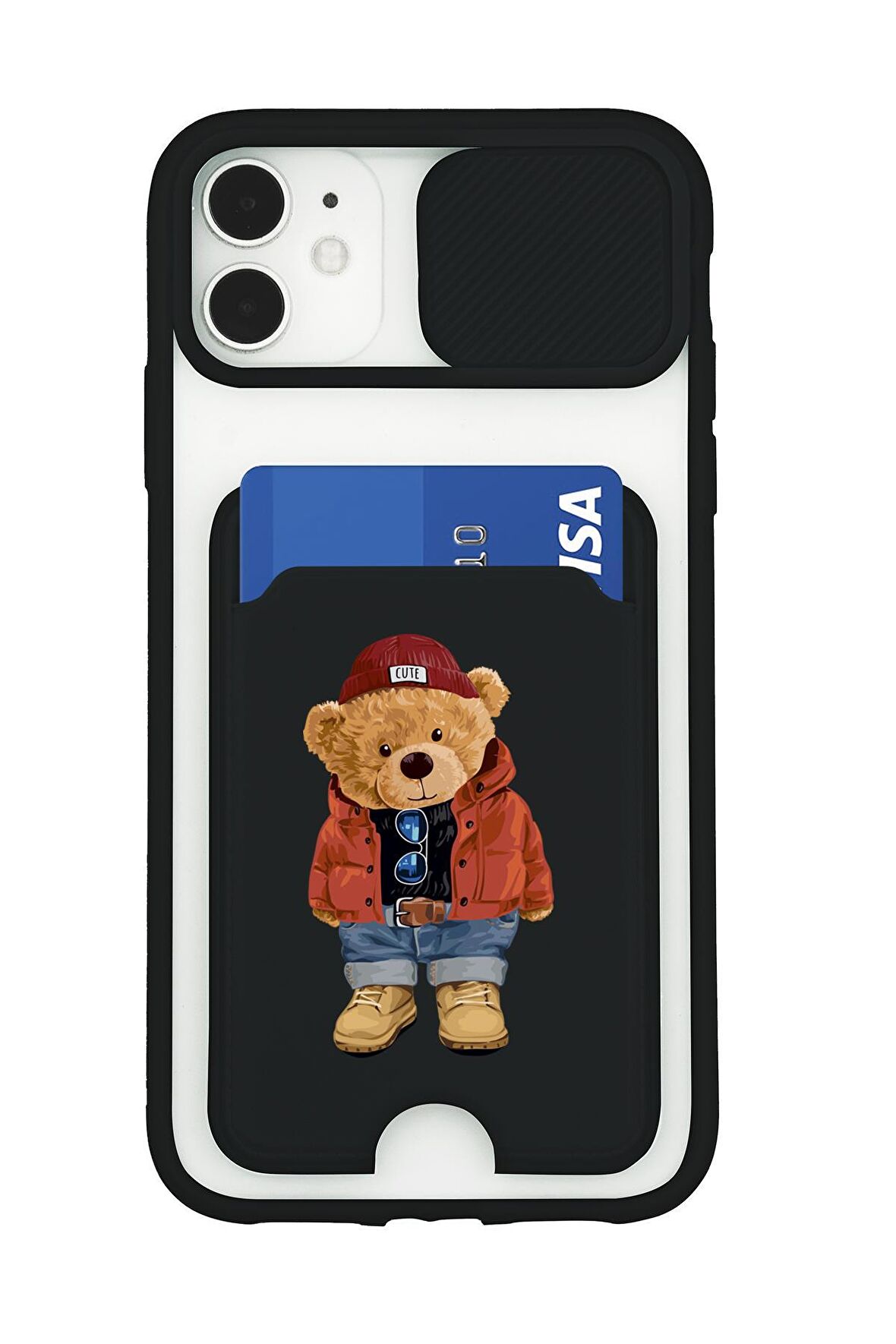 iPhone 11 Uyumlu Teddy Bear Desenli Kamera Korumalı ve Kartlıklı Telefon Kılıfı