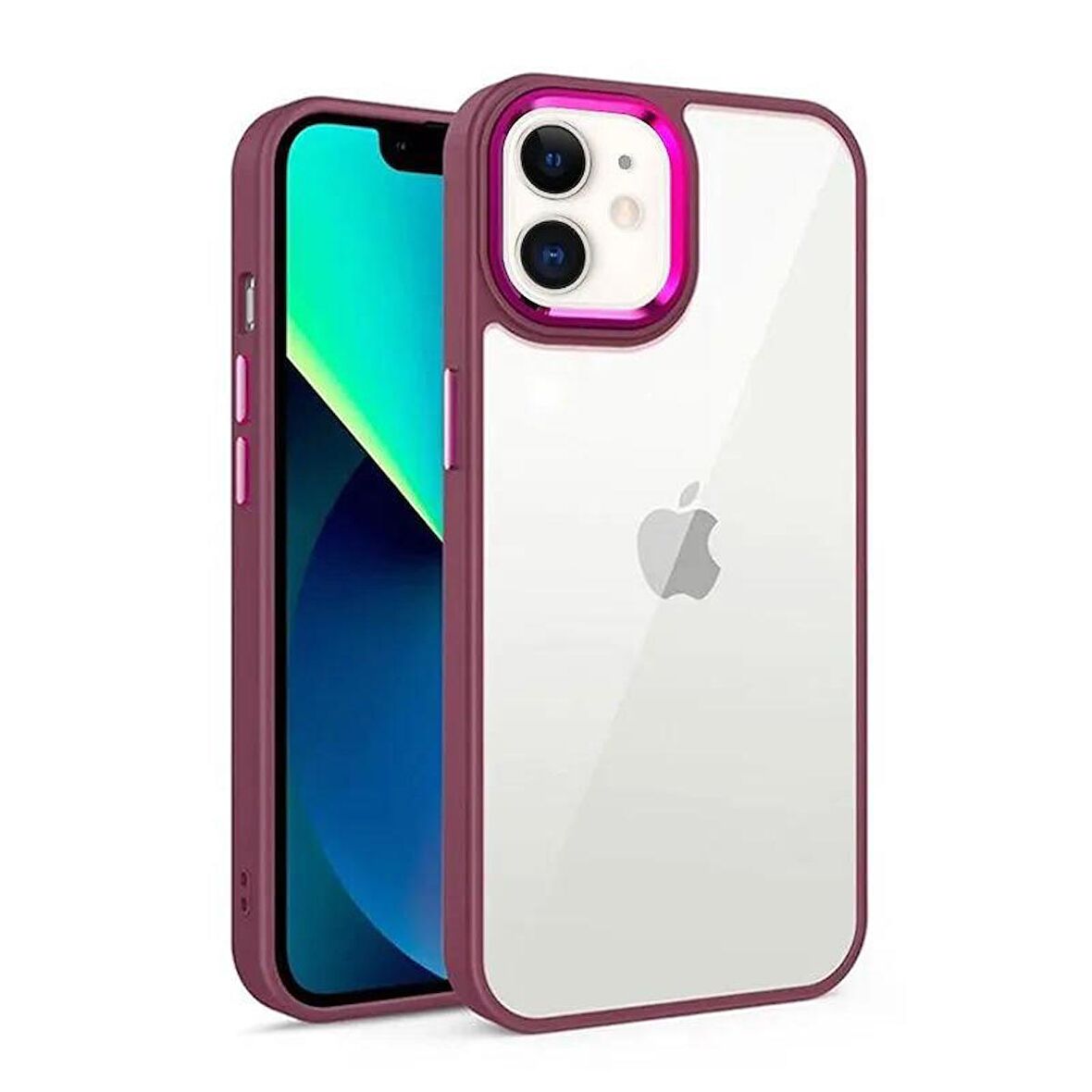 iPhone 12 Uyumlu Renkli Nikelaj Krom Kamera Koruma Yükselti Detaylı Kılıf