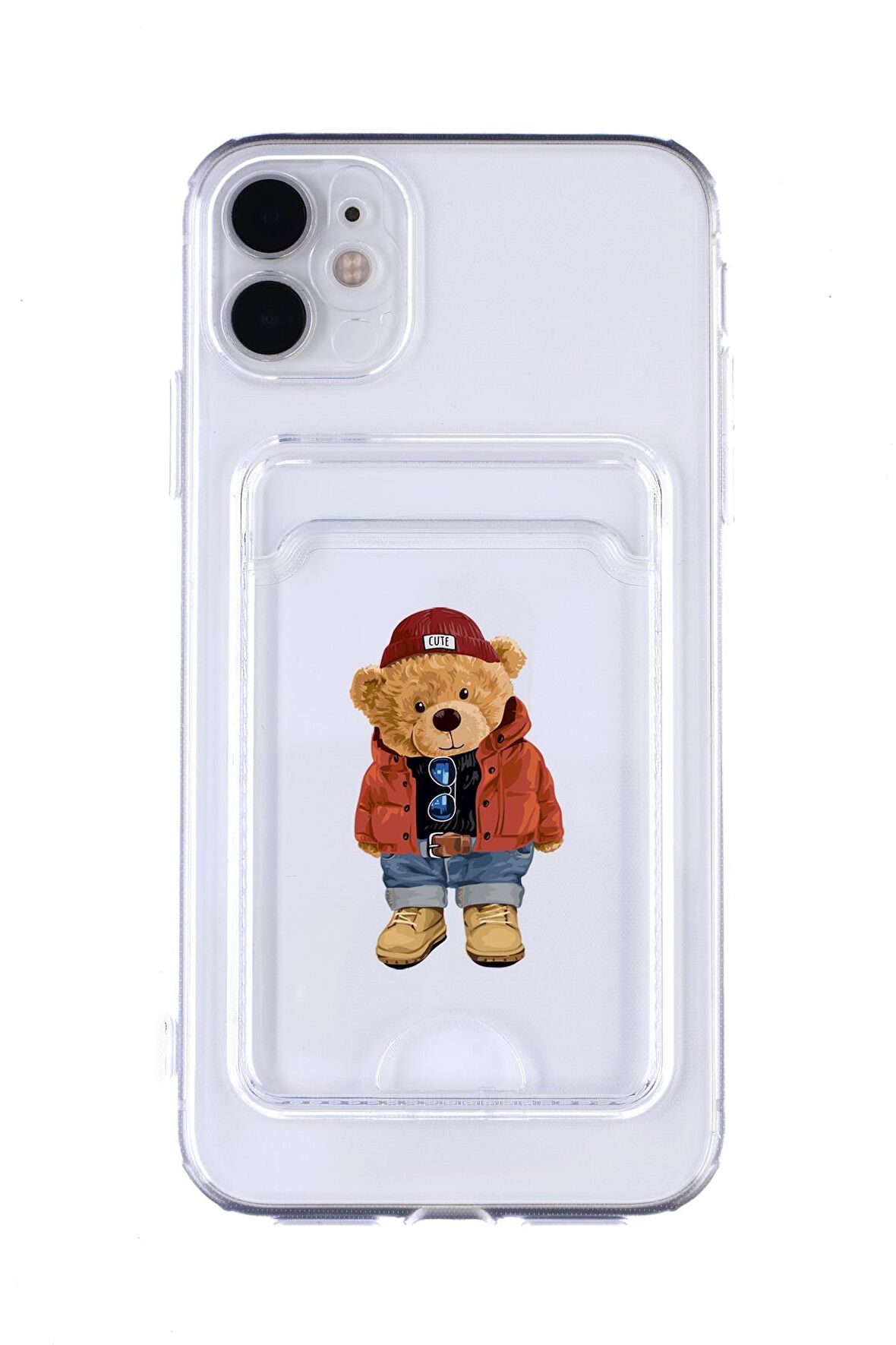 iPhone 12 Uyumlu Teddy Bear Desenli Şeffaf Kamera Korumalı ve Kartlıklı Telefon Kılıfı