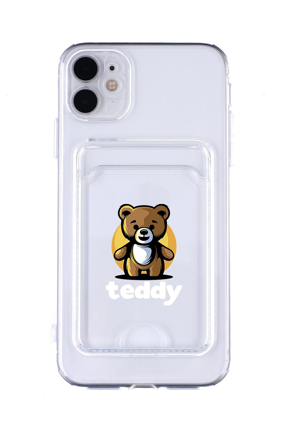 iPhone 12 Uyumlu Teddy Desenli Şeffaf Kamera Korumalı ve Kartlıklı Telefon Kılıfı