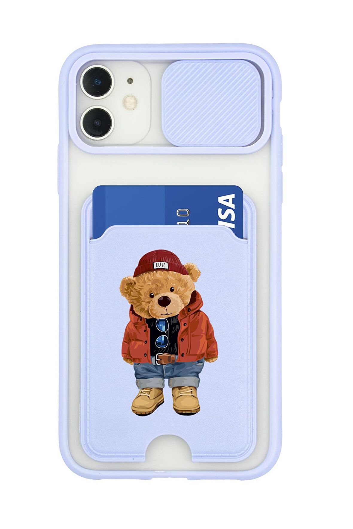 iPhone 12 Uyumlu Teddy Bear Desenli Kamera Korumalı ve Kartlıklı Telefon Kılıfı