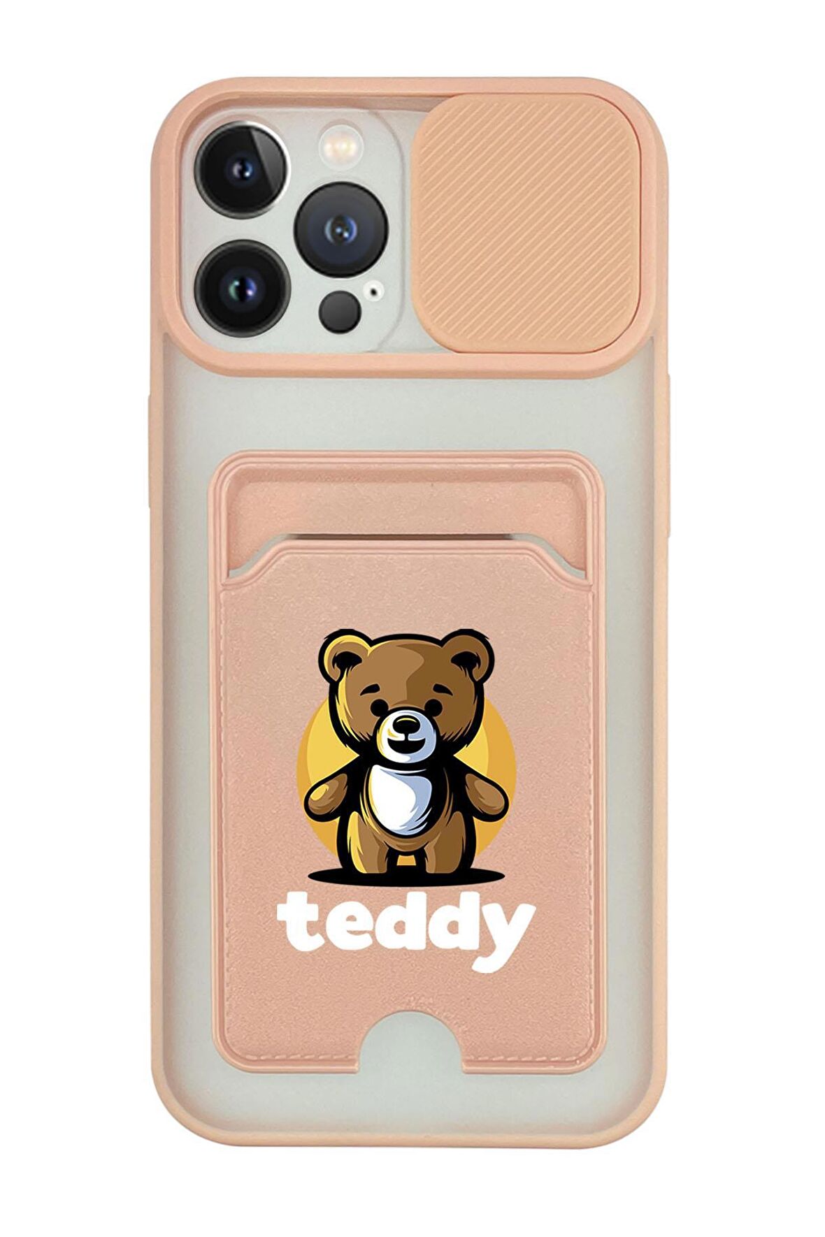 iPhone 13 Pro Max Uyumlu Teddy Desenli Kamera Korumalı ve Kartlıklı Telefon Kılıfı