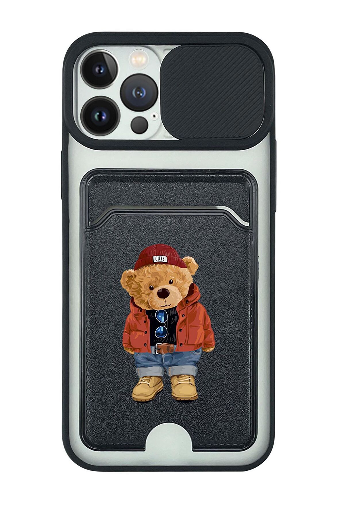 iPhone 13 Pro Max Uyumlu Teddy Bear Desenli Kamera Korumalı ve Kartlıklı Telefon Kılıfı