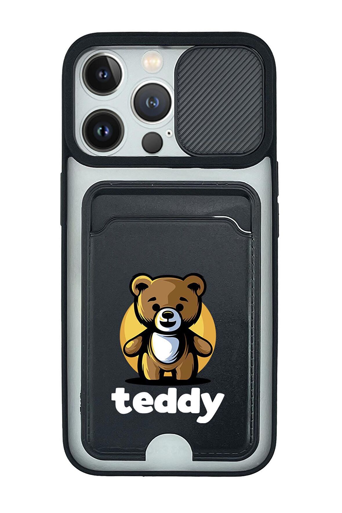 iPhone 13 Pro Uyumlu Teddy Desenli Kamera Korumalı ve Kartlıklı Telefon Kılıfı
