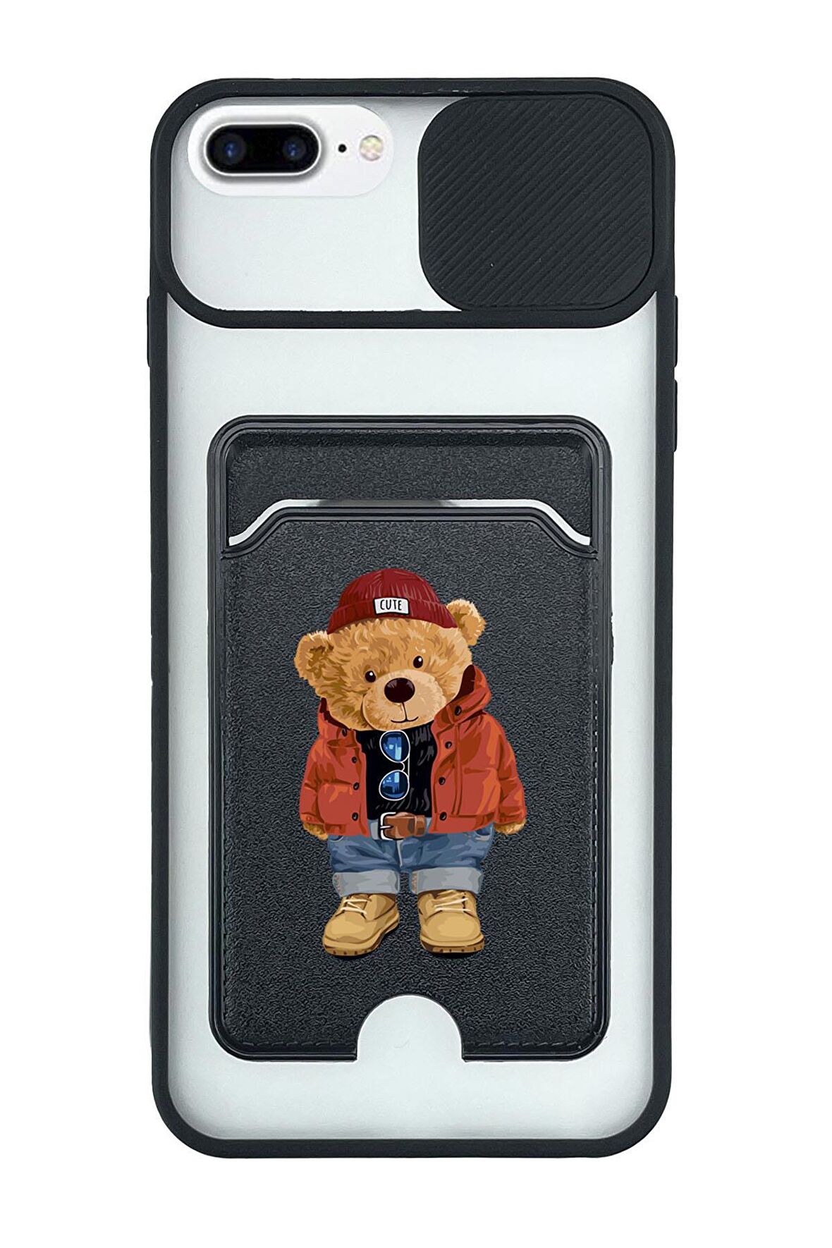 iPhone 7 Plus Uyumlu Teddy Bear Desenli Kamera Korumalı ve Kartlıklı Telefon Kılıfı