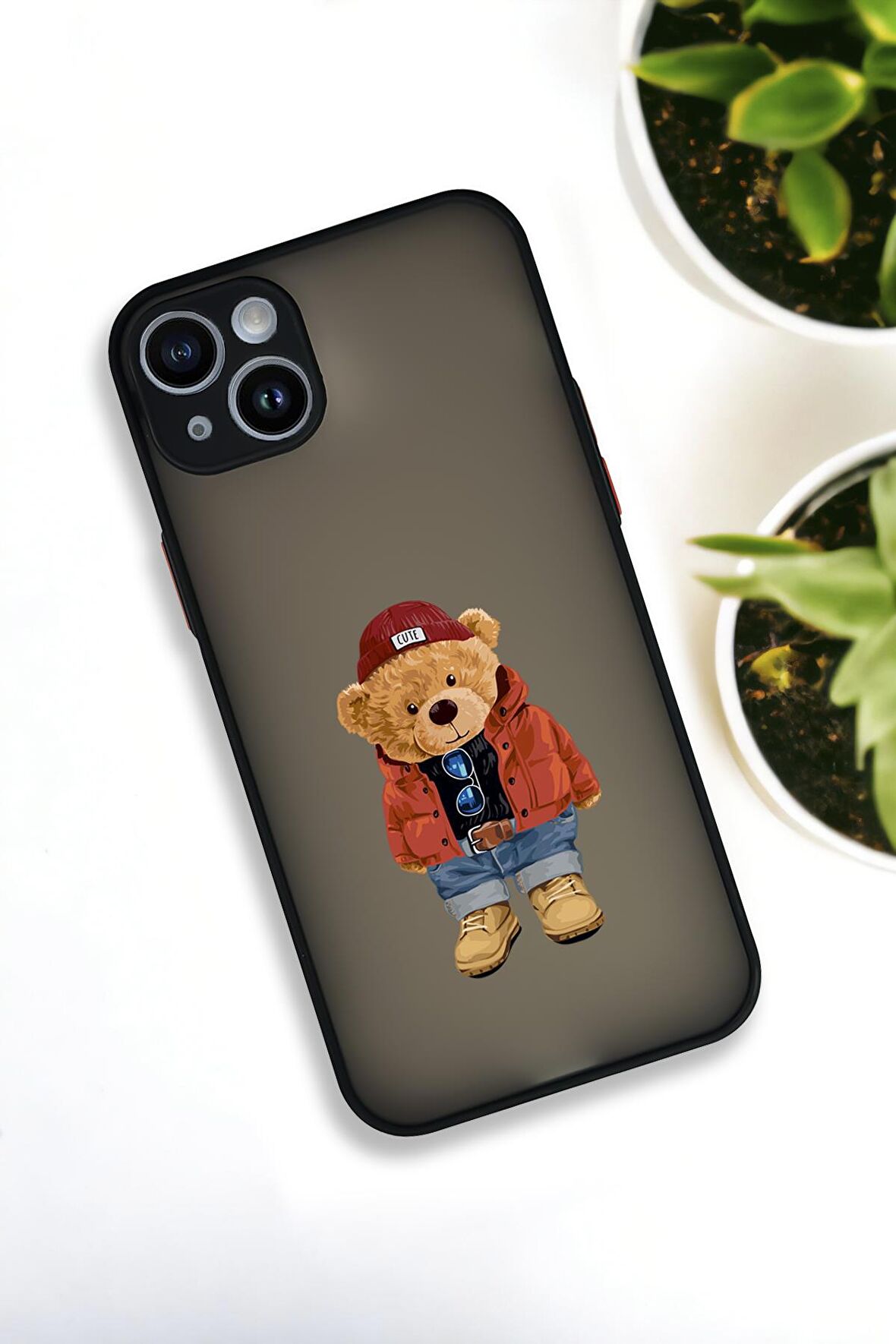iPhone 13 Uyumlu Teddy Bear Desenli Buzlu Şeffaf Lüx Telefon Kılıfı