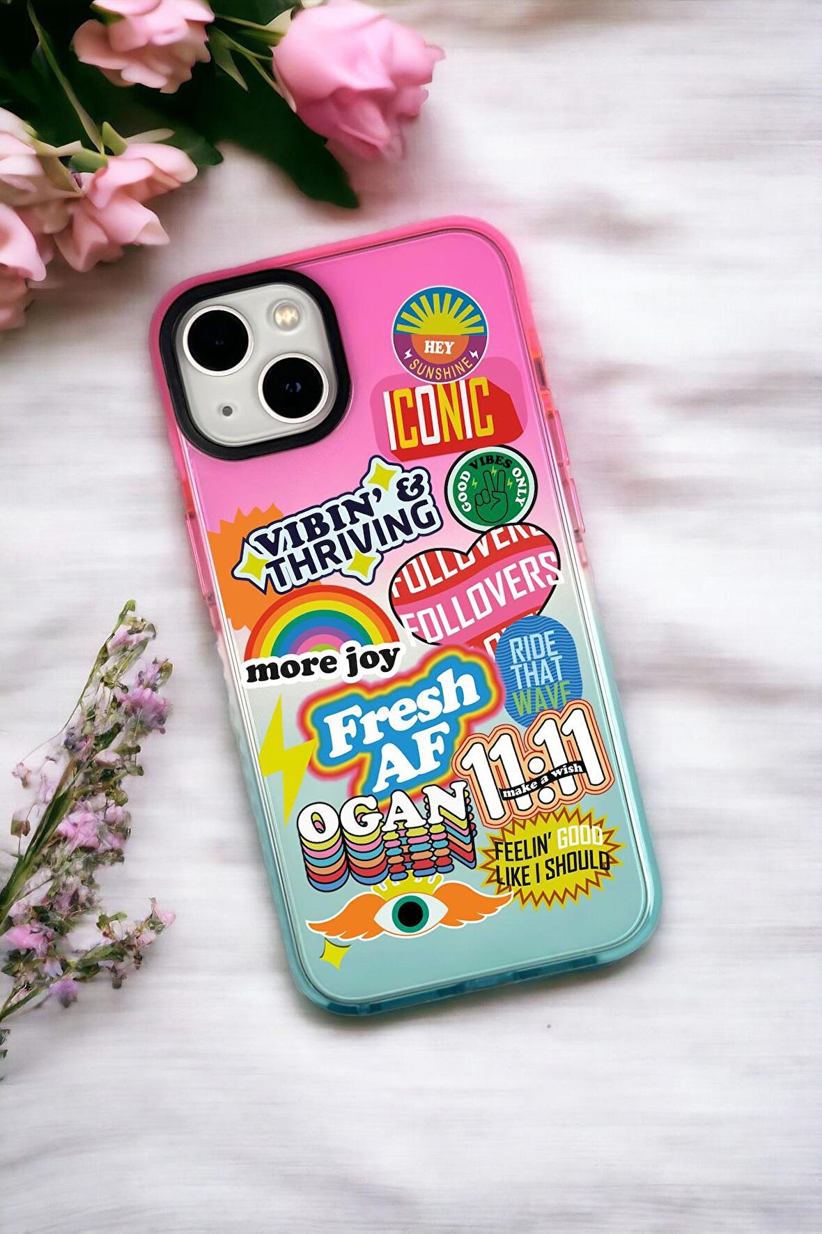 iPhone 14 Plus Uyumlu Fresh Desenli Premium Rainbow Silikonlu Telefon Kılıfı