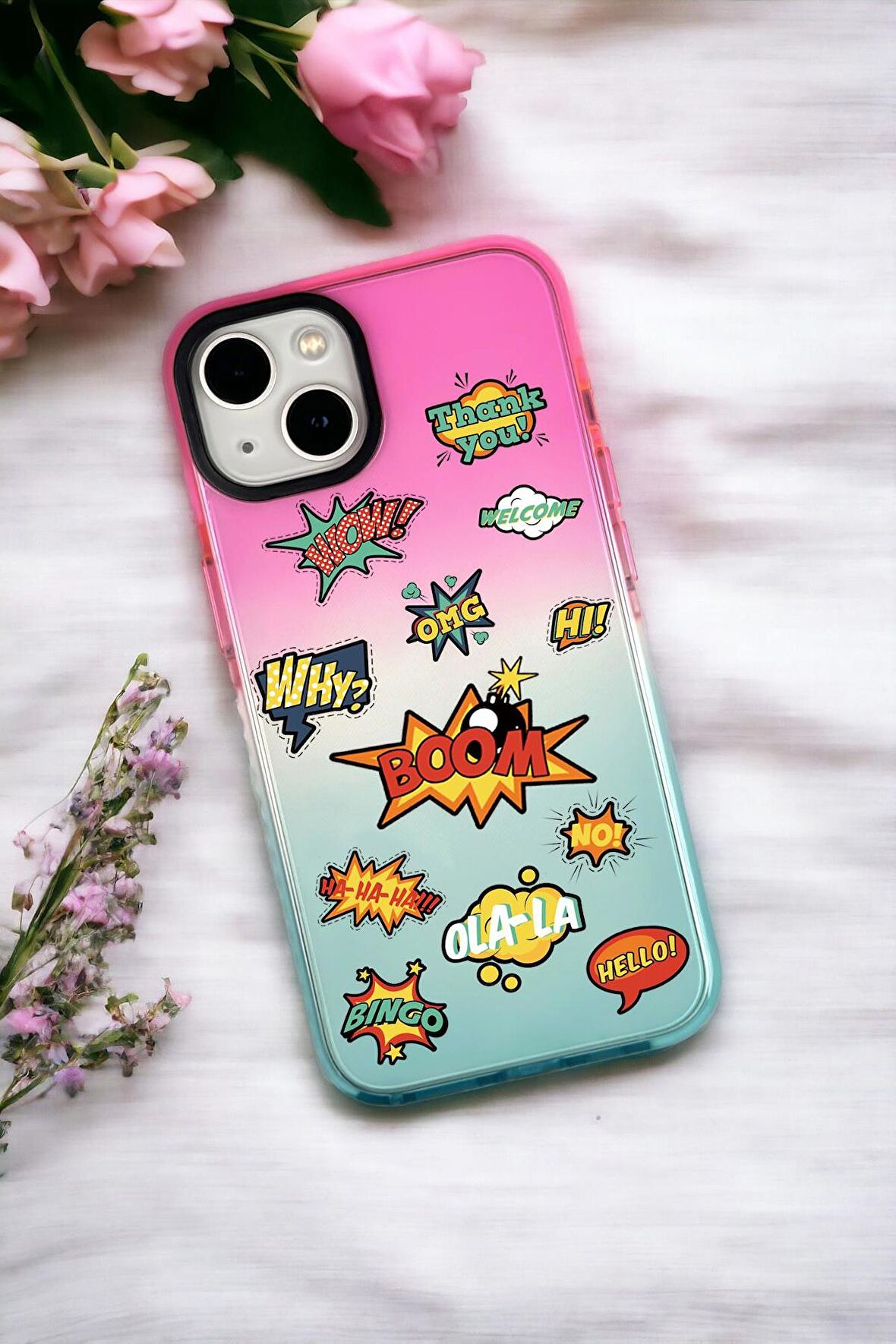 iPhone 14 Plus Uyumlu Stickers Desenli Premium Rainbow Silikonlu Telefon Kılıfı