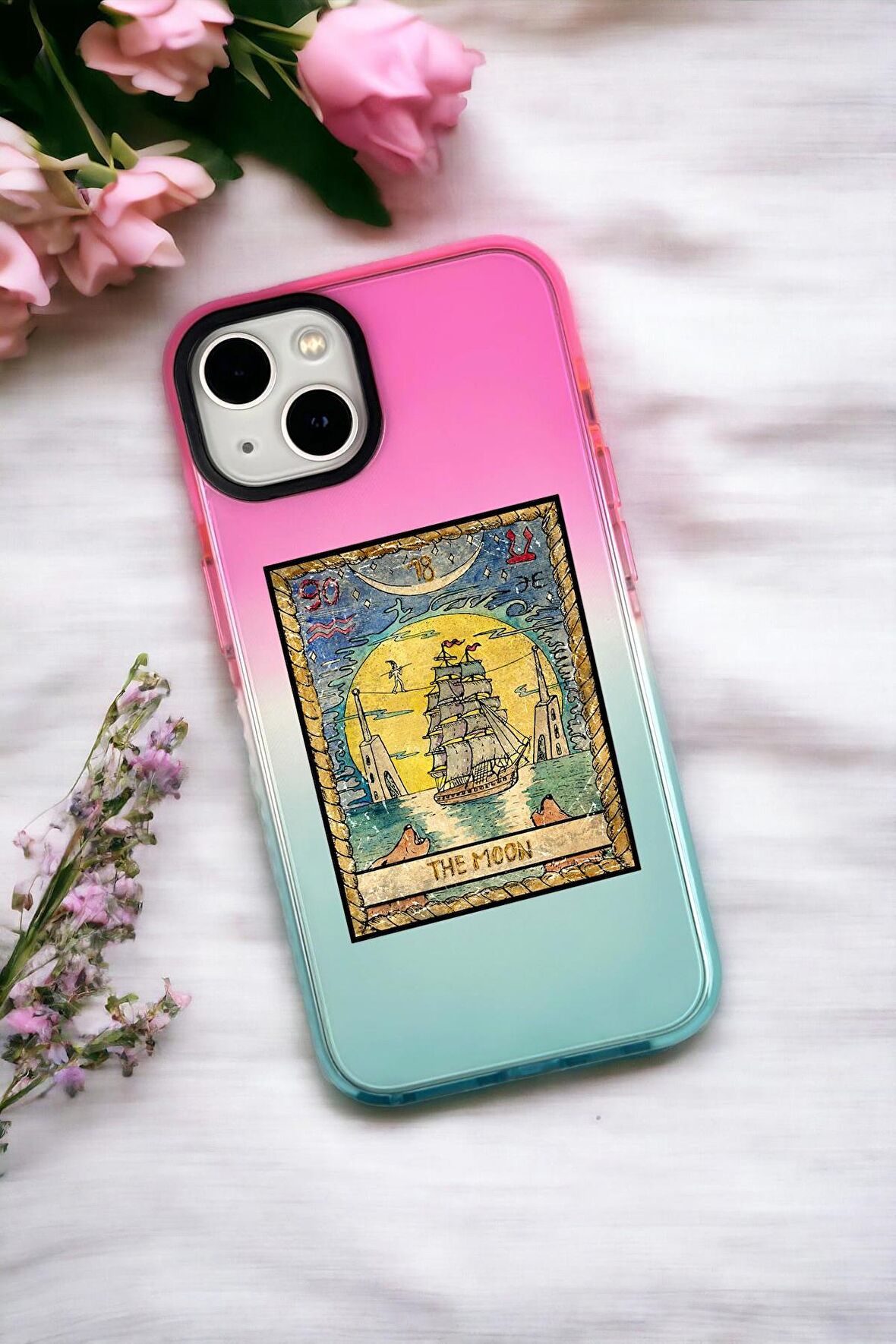 iPhone 14 Plus Uyumlu The Moon Desenli Premium Rainbow Silikonlu Telefon Kılıfı