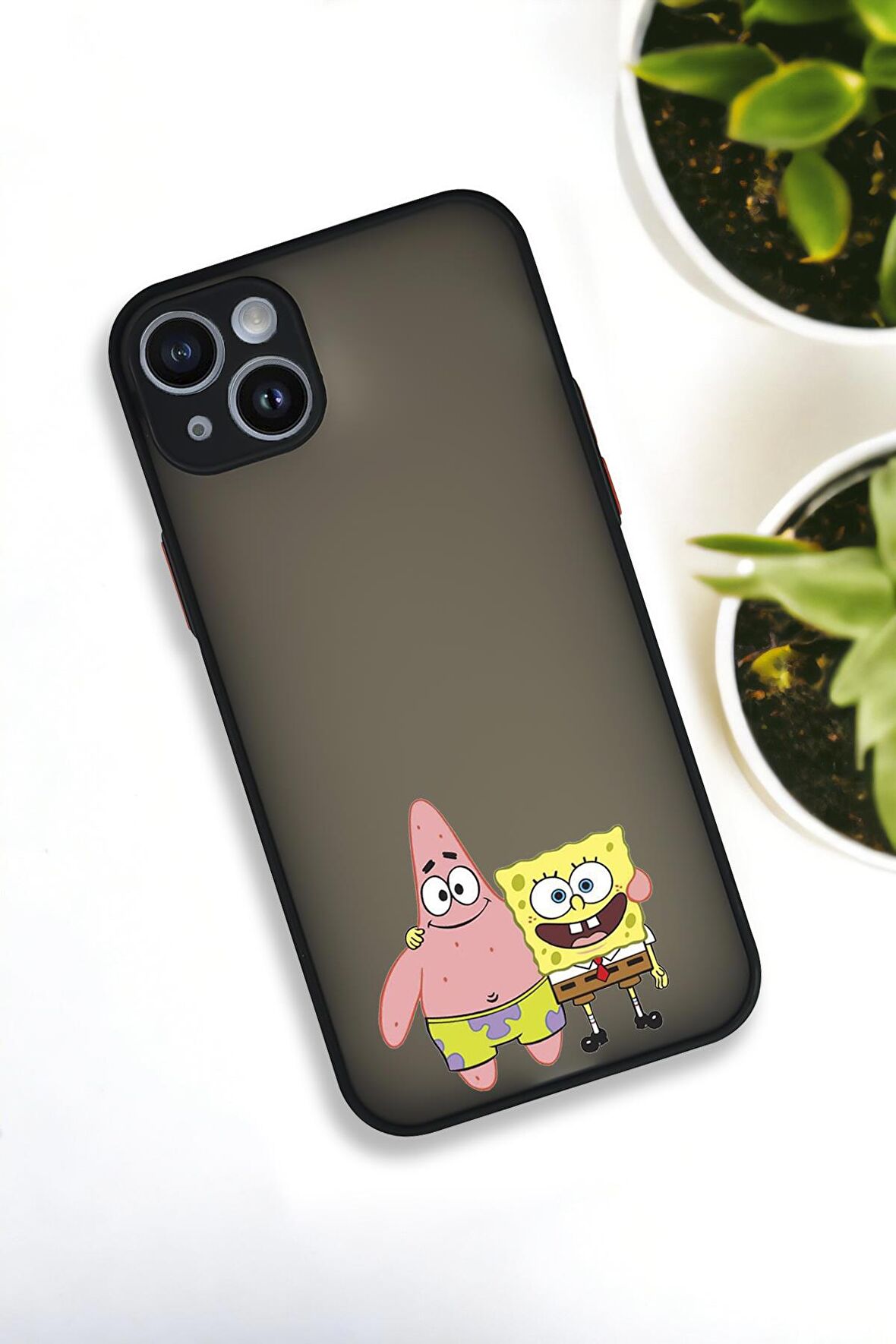 iPhone 14 Plus Uyumlu Sünger Bob ve Patrick Star Desenli Buzlu Şeffaf Lüx Telefon Kılıfı