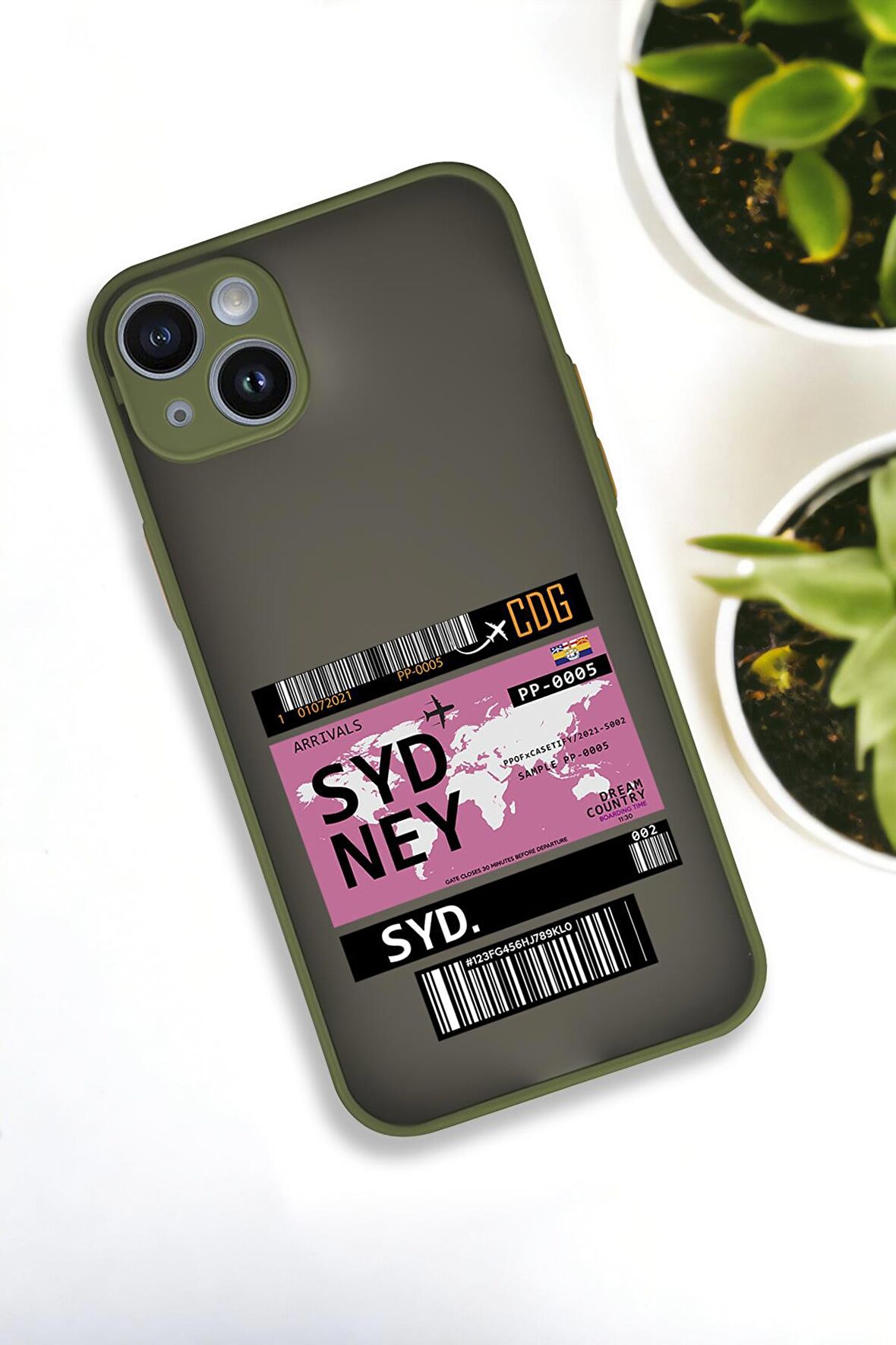 iPhone 14 Plus Uyumlu Sydney Ticket Desenli Buzlu Şeffaf Lüx Telefon Kılıfı