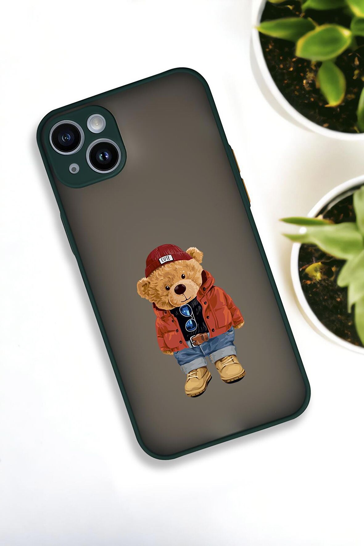 iPhone 14 Plus Uyumlu Teddy Bear Desenli Buzlu Şeffaf Lüx Telefon Kılıfı