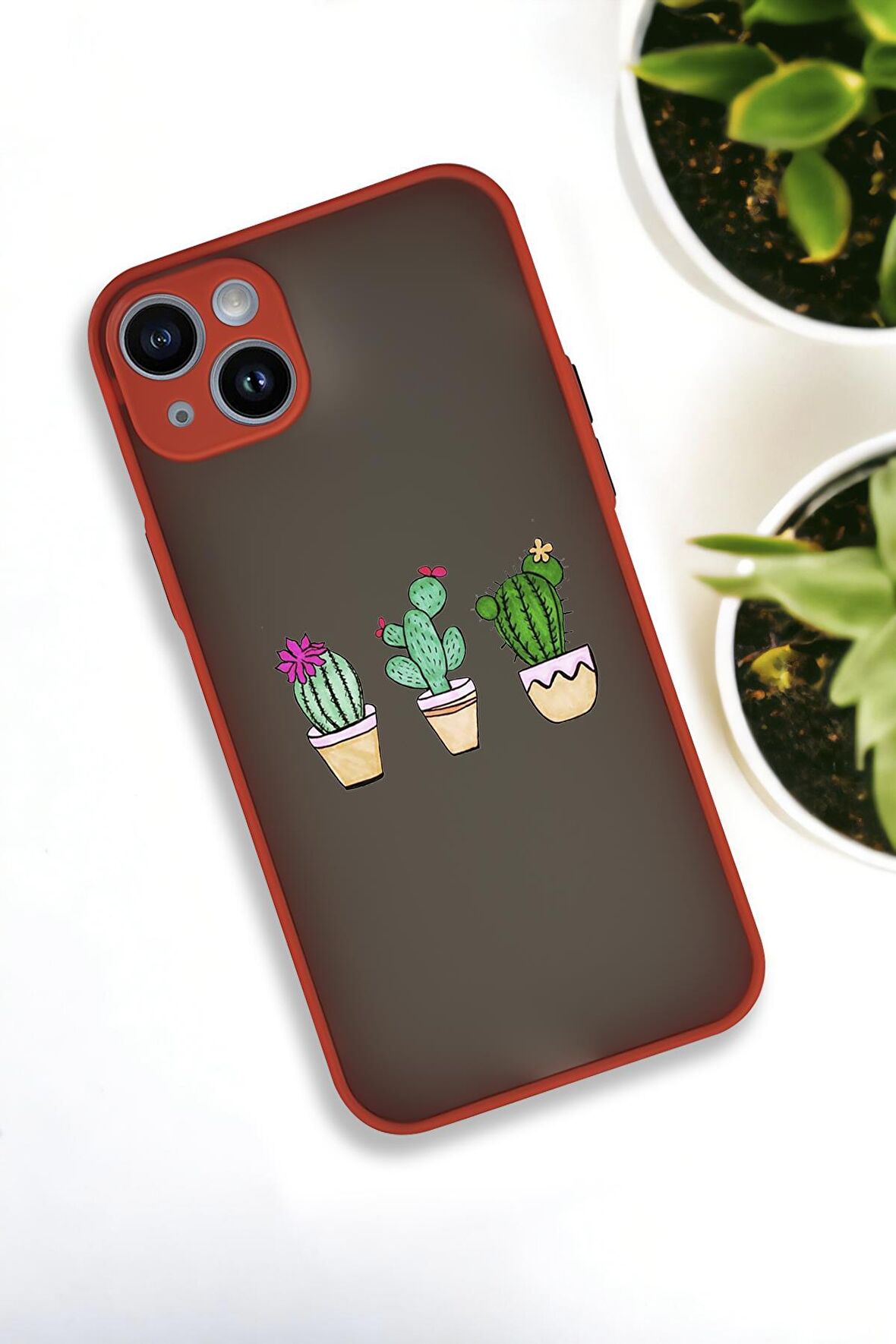 iPhone 14 Plus Uyumlu Üçlü Kaktüs Desenli Buzlu Şeffaf Lüx Telefon Kılıfı