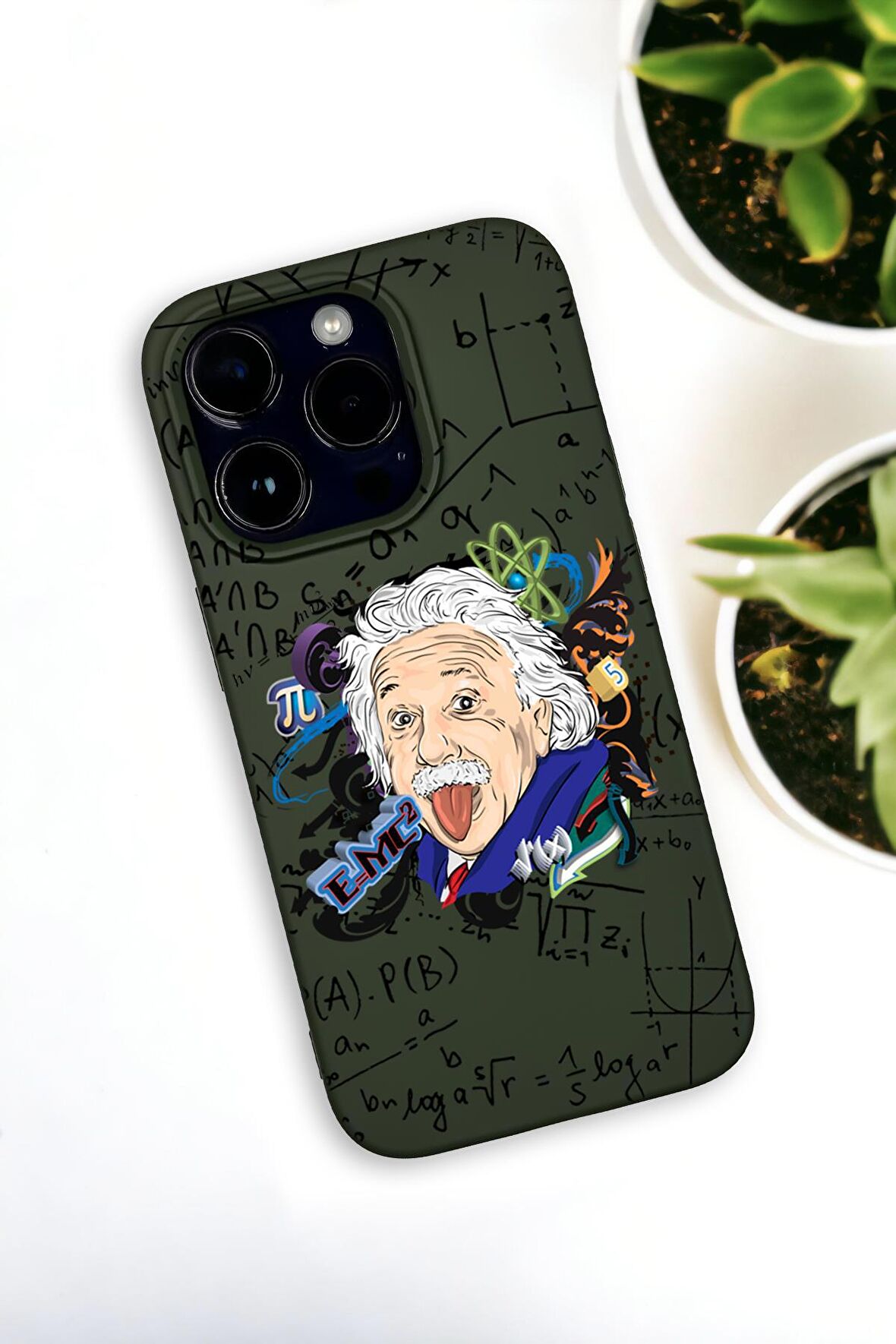 iPhone 14 Pro Max Uyumlu Einstein Desenli Premium Silikonlu Haki Lansman Telefon Kılıfı
