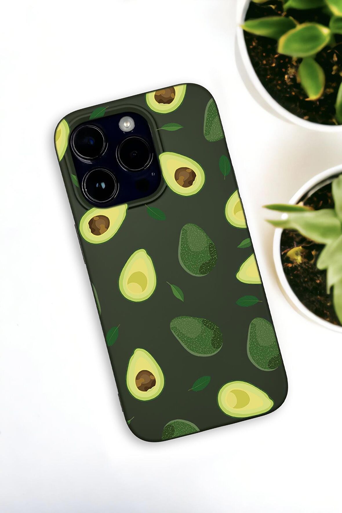 iPhone 14 Pro Max Uyumlu Avokado Desenli Premium Silikonlu Haki Lansman Telefon Kılıfı