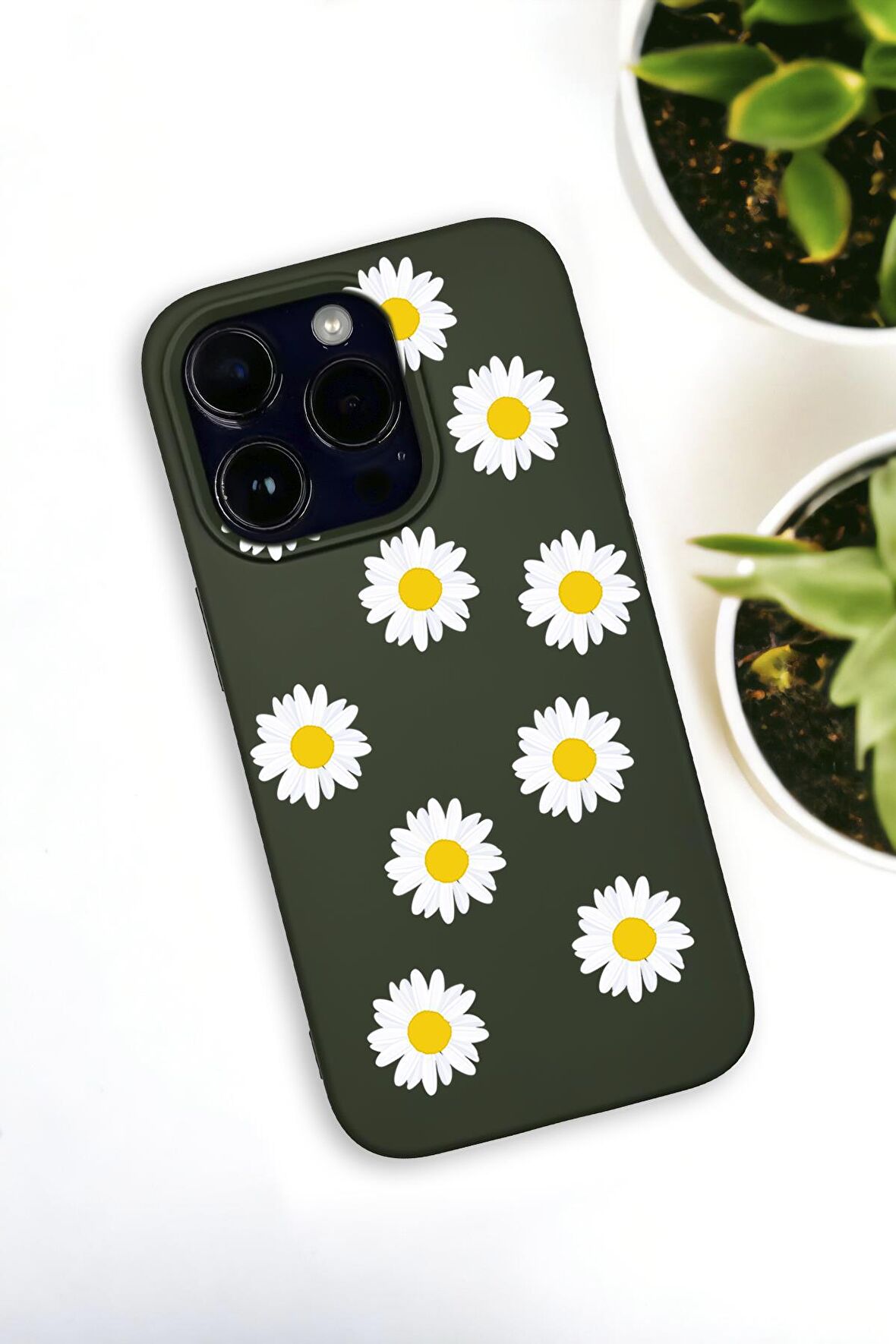 iPhone 14 Pro Max Uyumlu Bahar Papatyalarır Desenli Premium Silikonlu Haki Lansman Telefon Kılıfı