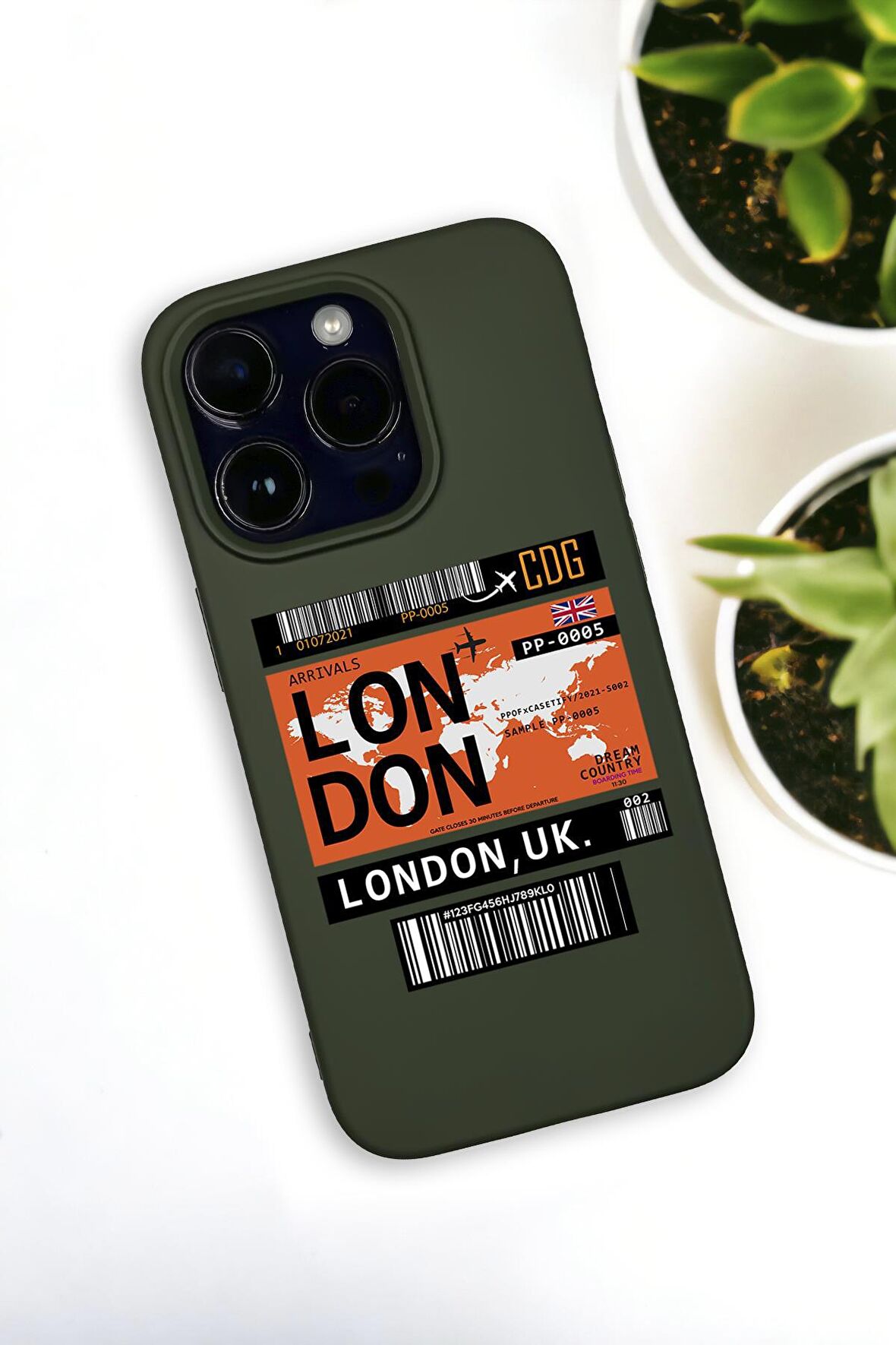 iPhone 14 Pro Max Uyumlu London Yaprak Desenli Premium Silikonlu Haki Lansman Telefon Kılıfı