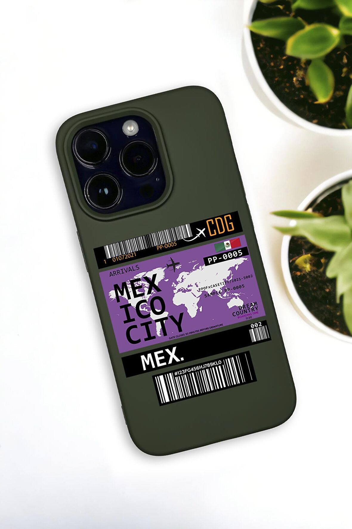 iPhone 14 Pro Max Uyumlu Mexico Ticket Desenli Premium Silikonlu Haki Lansman Telefon Kılıfı
