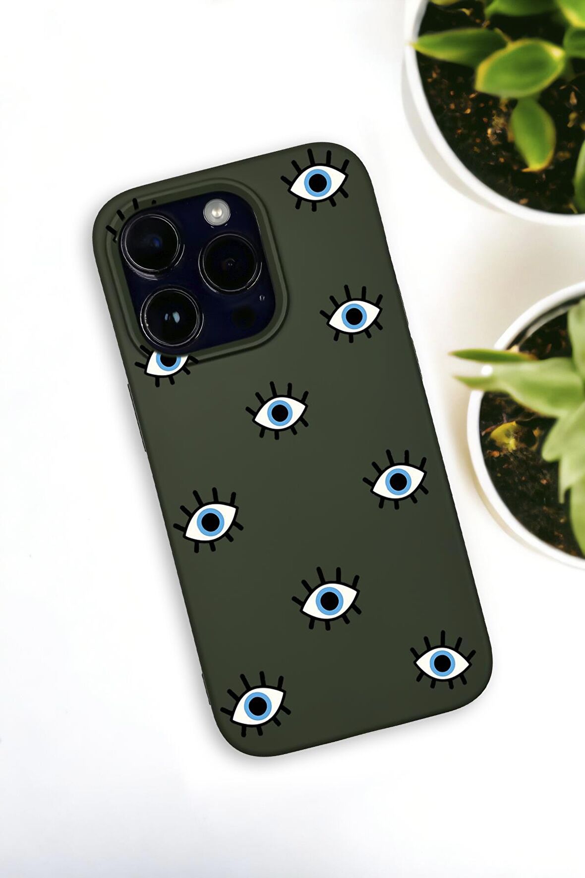 iPhone 14 Pro Max Uyumlu Nazar Gözler Desenli Premium Silikonlu Haki Lansman Telefon Kılıfı