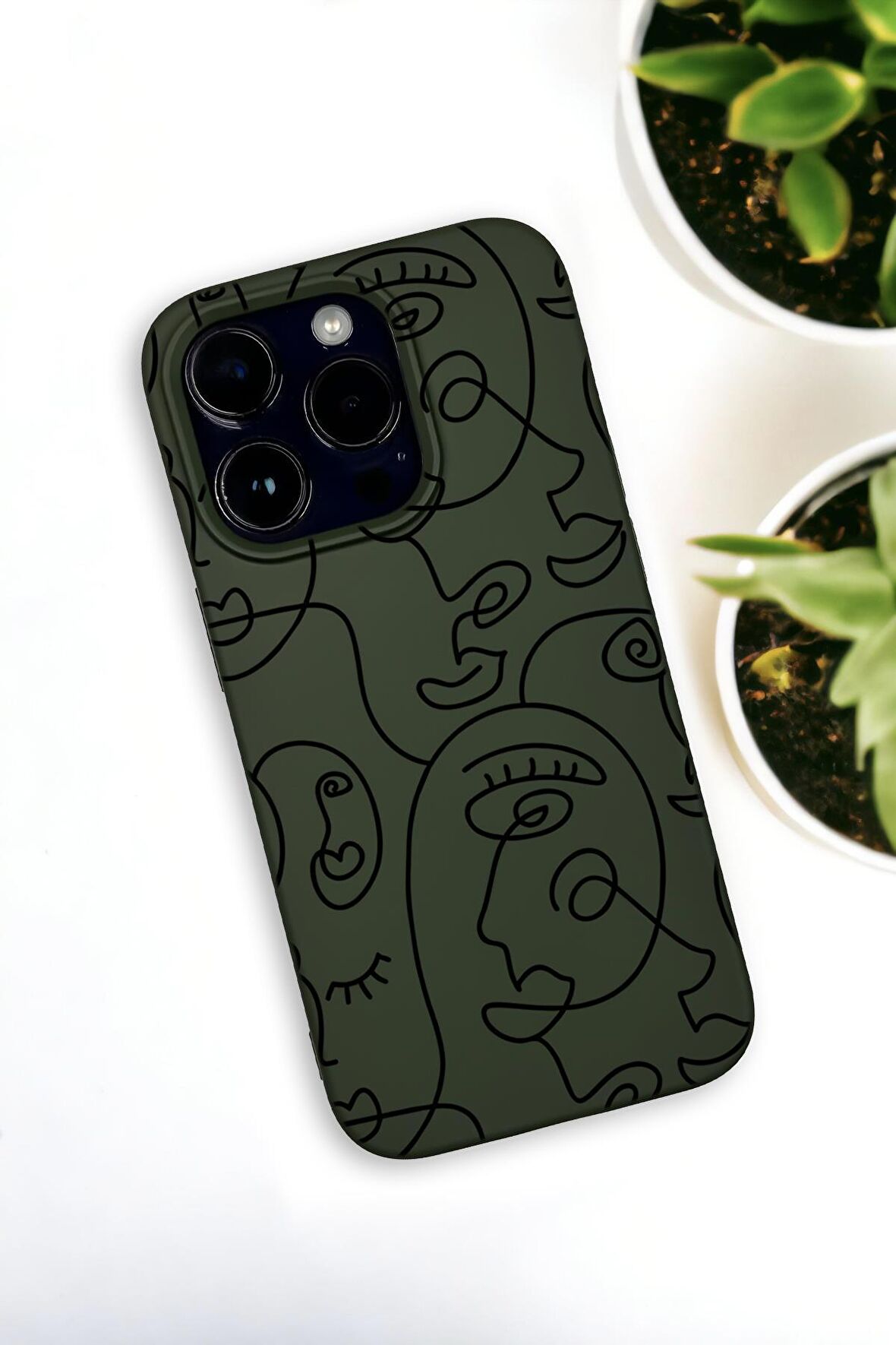 iPhone 14 Pro Uyumlu Face Art Desenli Premium Silikonlu Haki Lansman Telefon Kılıfı